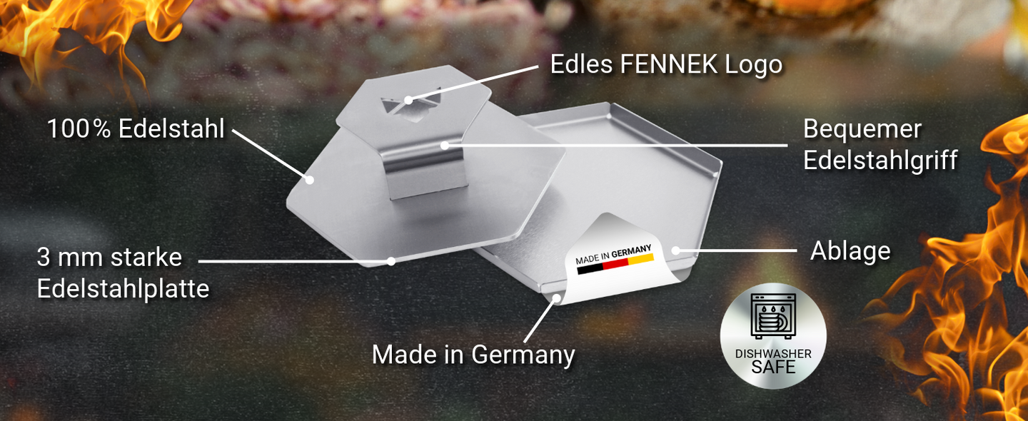 Bild zeigt den FENNEK Smasher mit seinen wichtigsten Eigenschaften, wie dem bequemen Edelstahlgriff, der 3 mm starken Edelstahlplatte, Spülmaschinenfest und made in Germany.