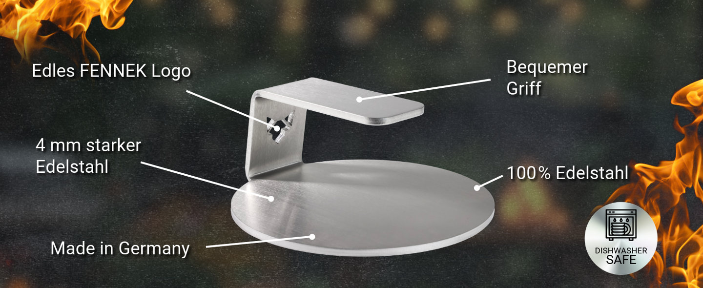 Bild zeigt den FENNEK Smasher mit seinen wichtigsten Eigenschaften, wie dem bequemen Edelstahlgriff, der 4 mm starken Edelstahlplatte, Spülmaschinenfest und made in Germany.