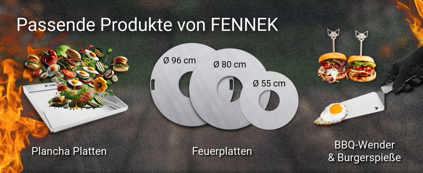 Bild zeigt passende FENNEK Produkte zum FENNEK Smasher: Plancha, BBQ Wender und Burgerspieße und die Feuerplatten.              