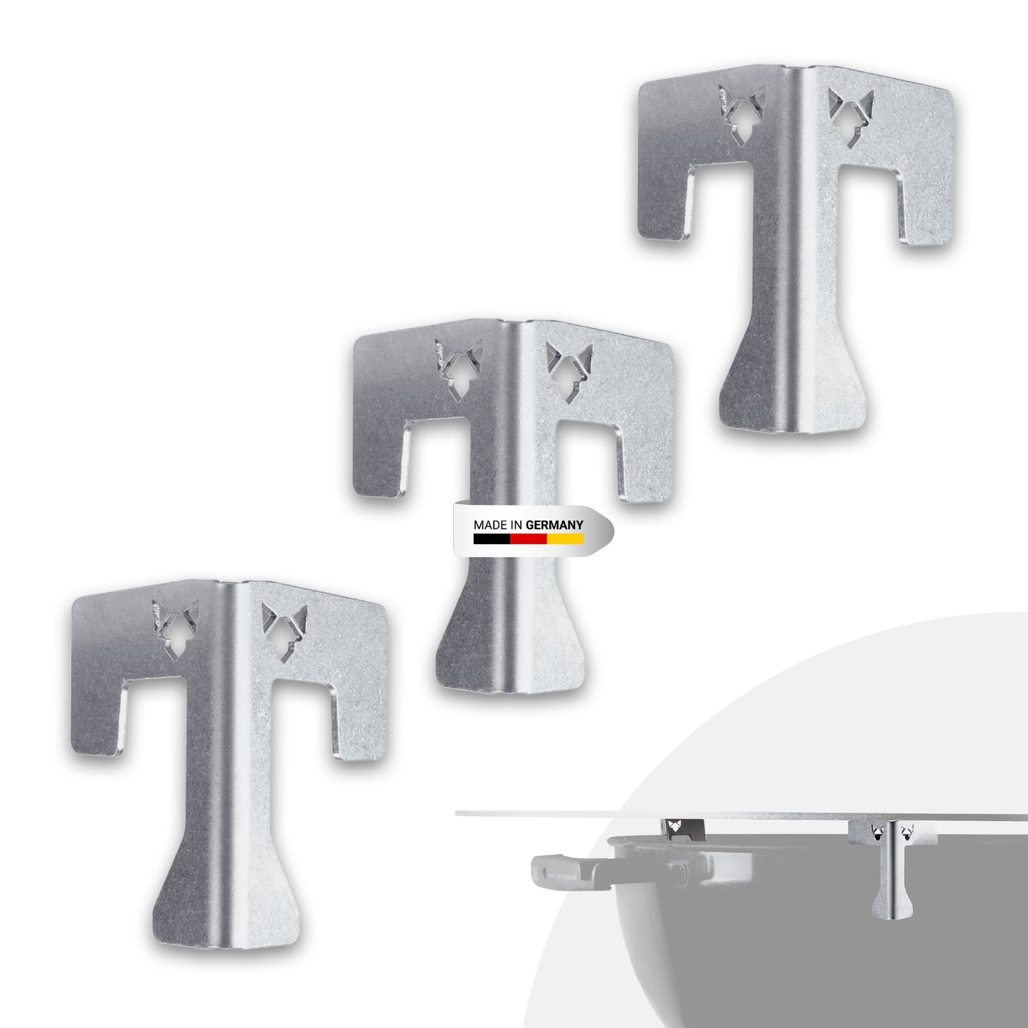 FENNEK Universal Abstandshalter aus Edelstahl - Made in Germany. 3er Set vor weißem HIntergrund.