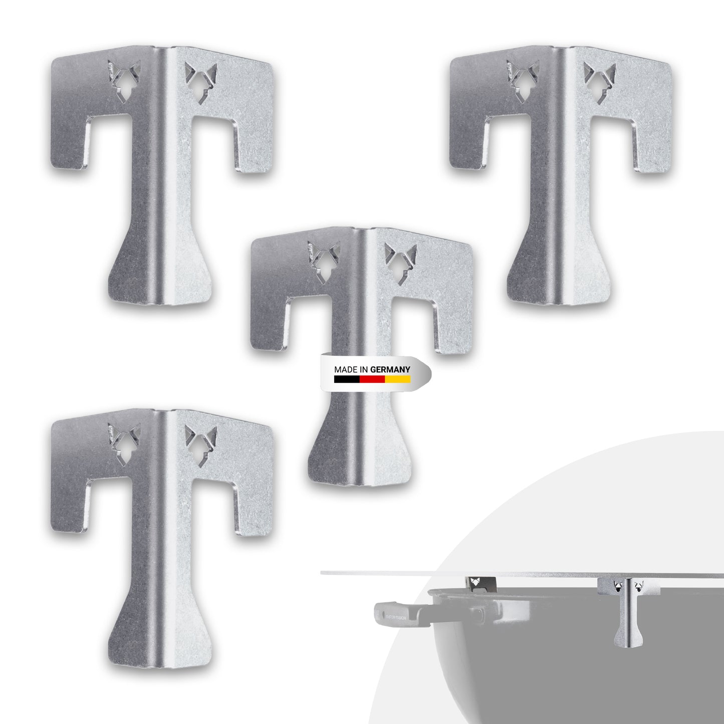 FENNEK Universal Abstandshalter aus Edelstahl - Made in Germany. 4er Set vor weißem HIntergrund.