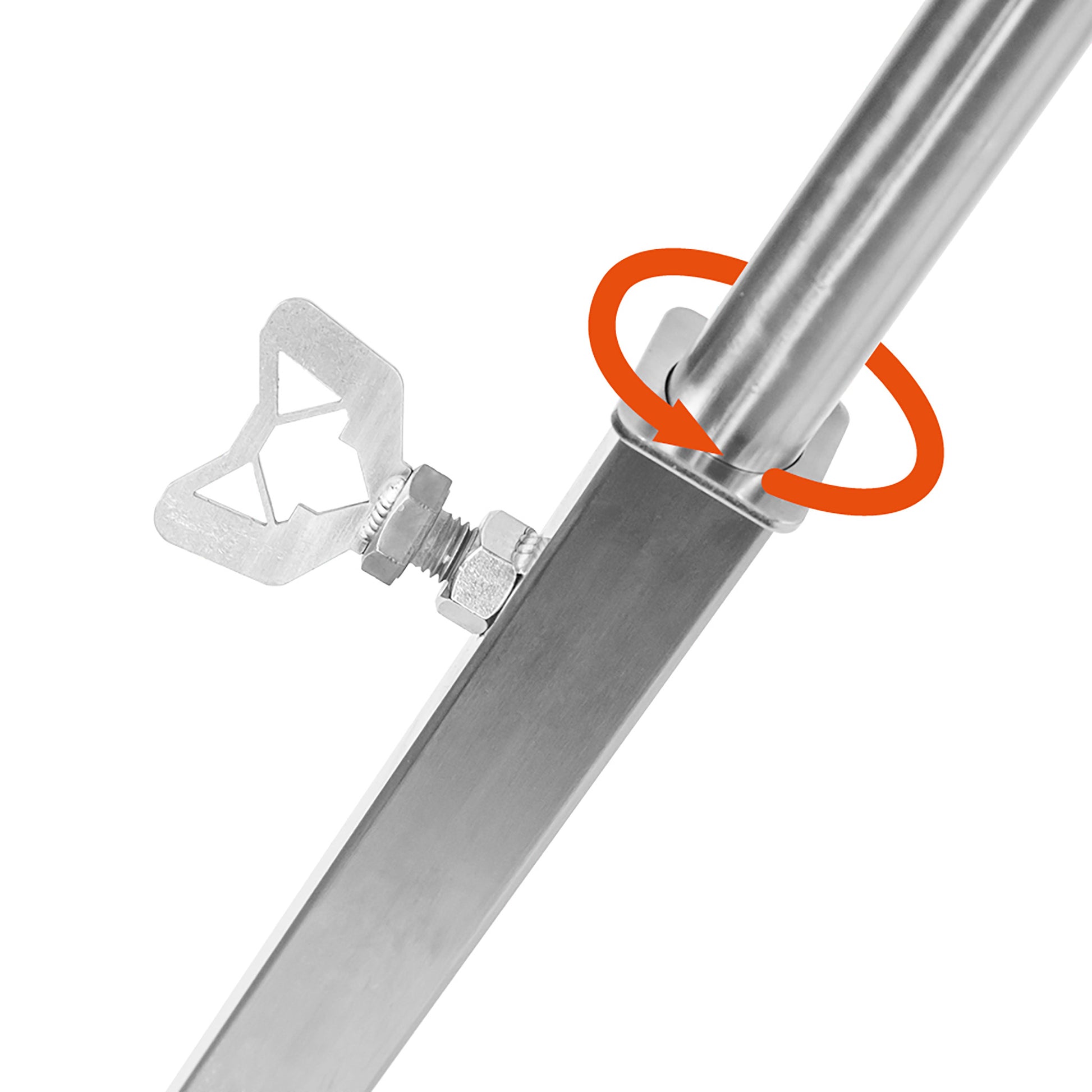 Detailbild, welches zeigt, dass das Asado Kreuz stufenlos um die eigene Achse drehbar ist und in jeder Position durch eine Schraube fixierbar ist.
