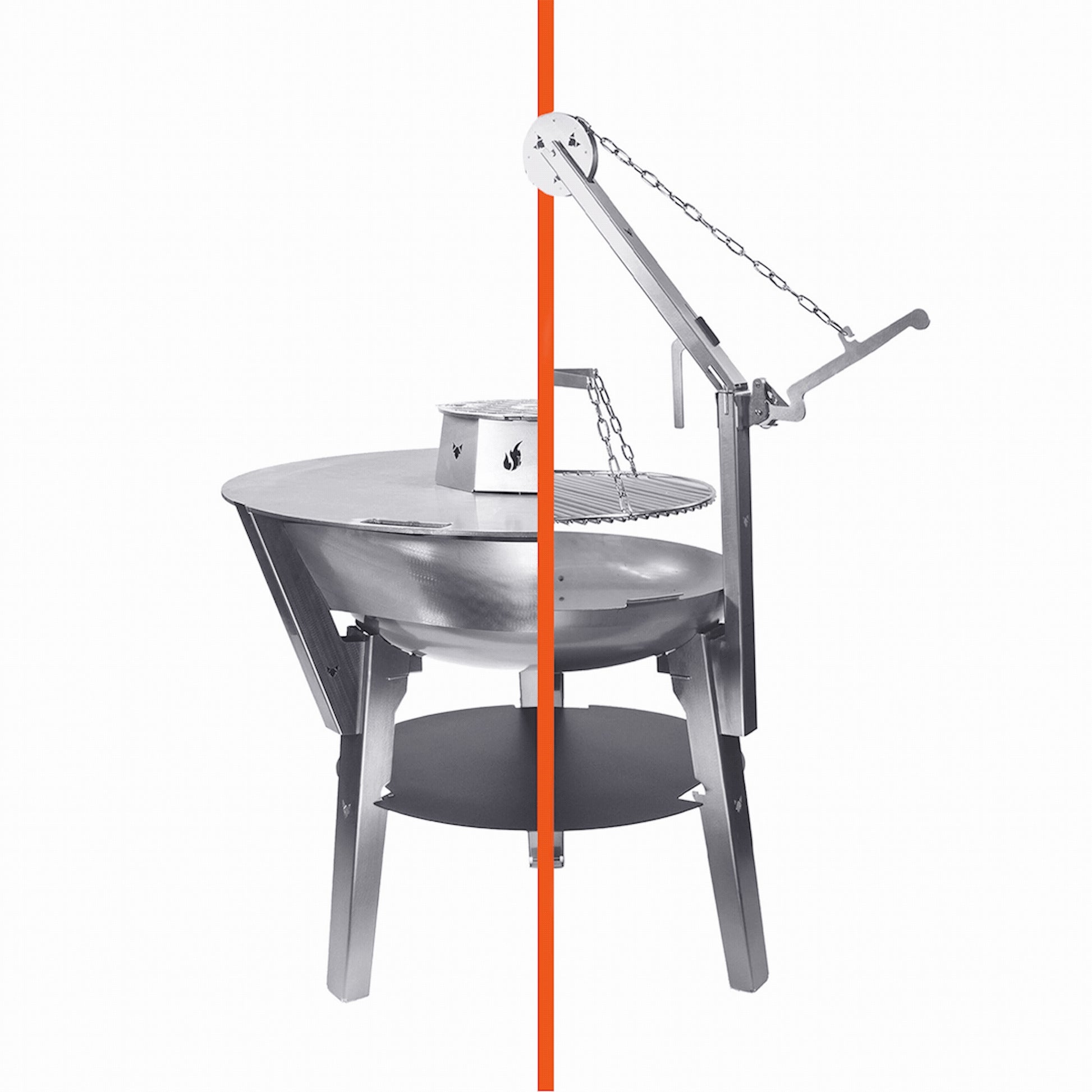 Freisteller der FENNEK Feuerschale Allround mit den Aufsätzen Feuerplatte sowie Schwenkgrill. 