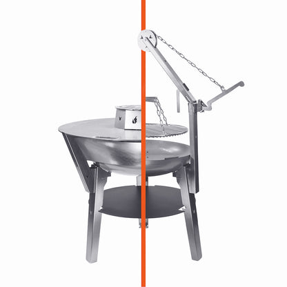 Freisteller der FENNEK Feuerschale Allround mit den Aufsätzen Feuerplatte sowie Schwenkgrill. 
