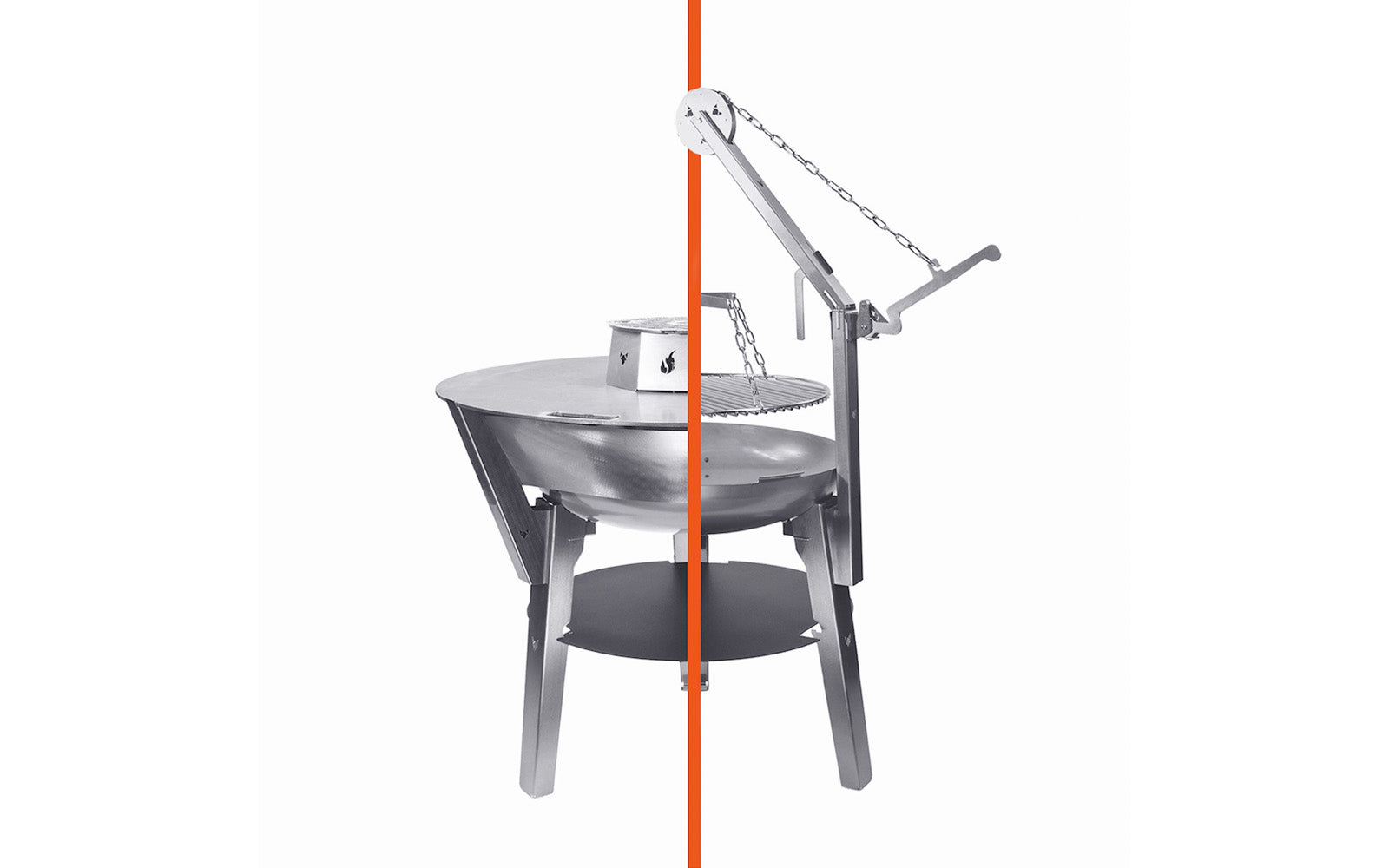 Querschnitt der FENNEK Feuerschale Allround mit den modularen Erweiterungen Feuerplatte und Schwenkgrill.
