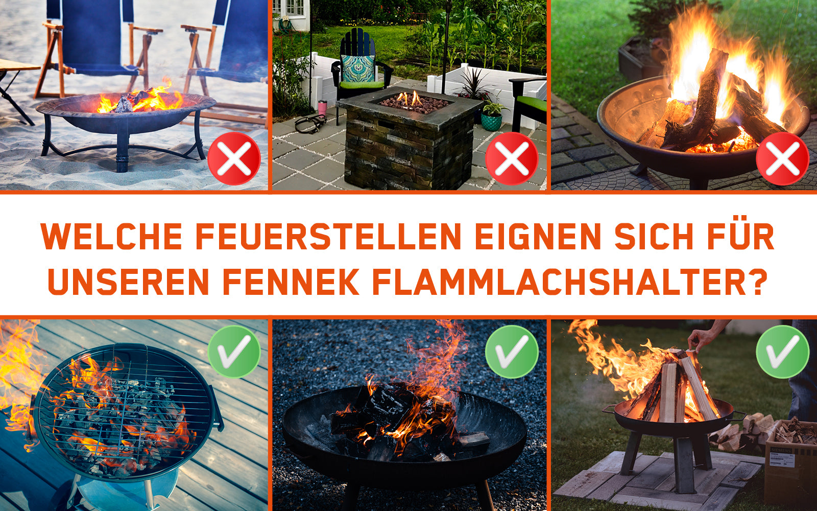 Bild zeigt an sechs verschiedenen Feuerschalen, ob der FENNEK Flammlachshalter für diese geeignet ist oder nicht.