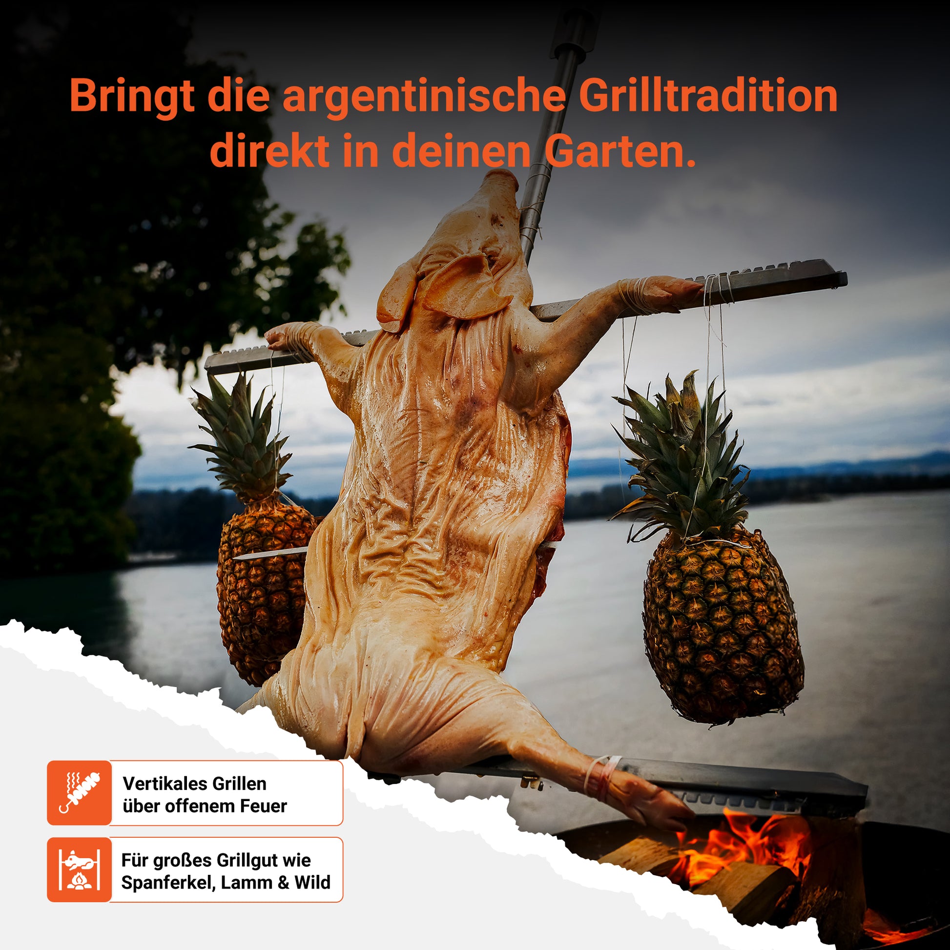 Das FENNEK Asadokreuz bringt die argentinische Grilltradition in deinen Garten und ermöglicht vertikales Grillen über offenem Feuer. Das Asadokreuz ist perfekt für großes Grillgut wie Spanferkel, Lamm und Wild geeignet.
