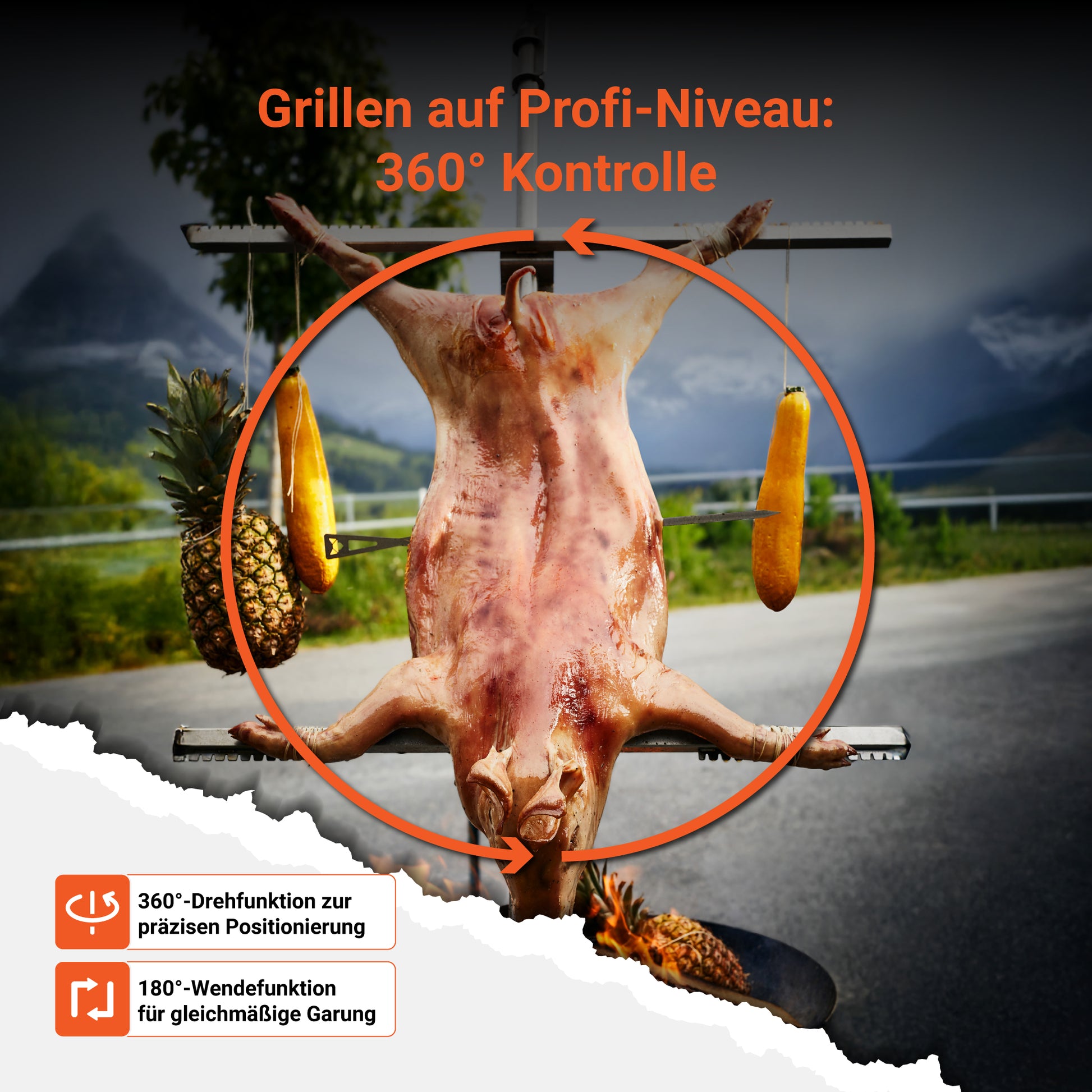 Das FENNEK Asado Kreuz ermöglicht ein Grillen auf Profi-Niveau. Die 360 Grad-Drehfunktion sichert eine präzise Positionierung des Grillguts und die 180 Grad-Wendefunktion sichert eine gleichmäßige Garung. So kann z.B. das Spanferkel perfekt gegart werden.