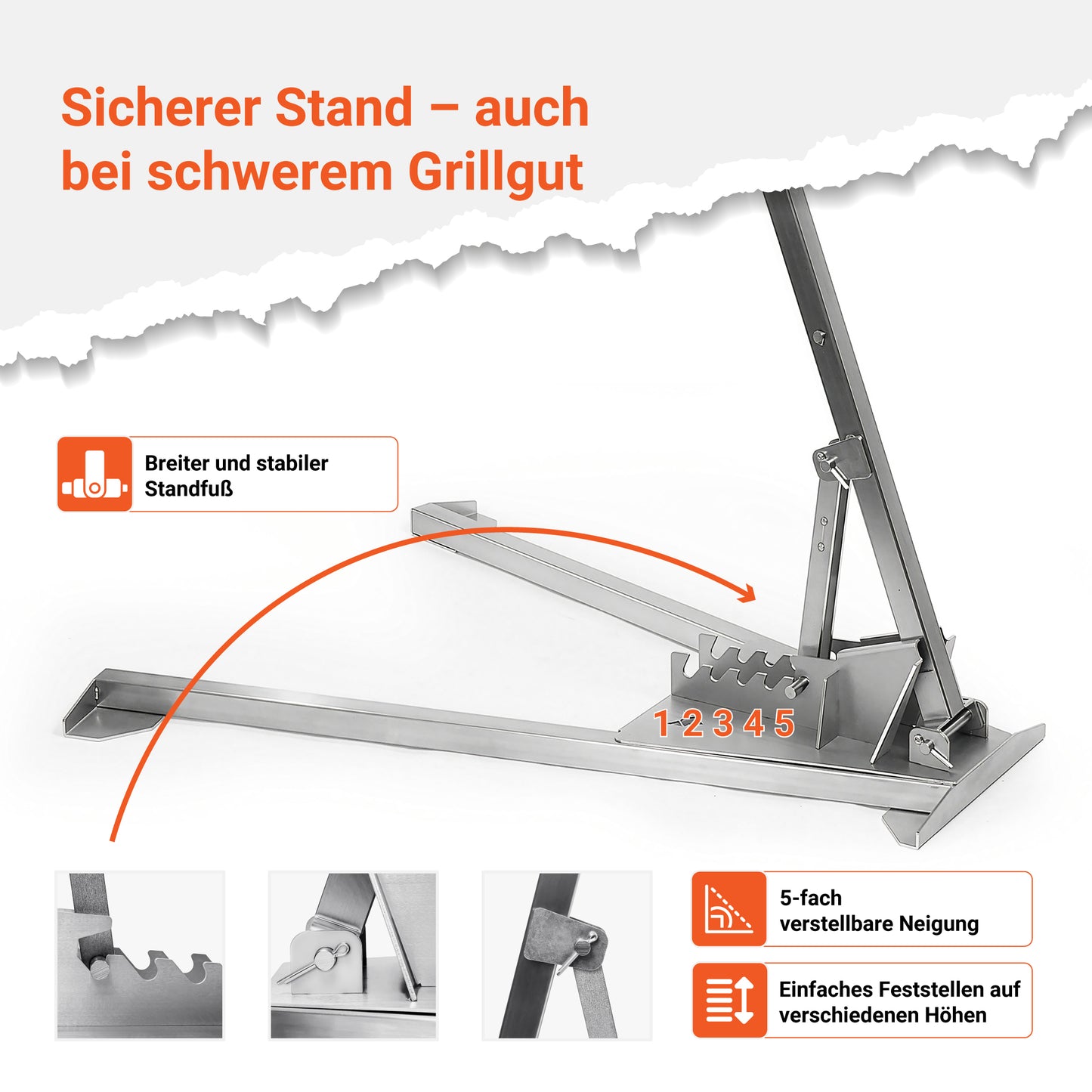 Das FENNEK Asado-Kreuz hat einen breiten und stabilen Standfuß, der sich in fünf verschiedene Neigungsstufen verstellen lässt. Auch bei schwerem Grillgut ist der sichere Stand gewährleistet.