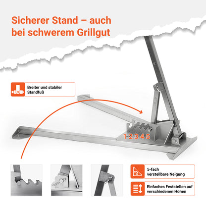 Das FENNEK Asado-Kreuz hat einen breiten und stabilen Standfuß, der sich in fünf verschiedene Neigungsstufen verstellen lässt. Auch bei schwerem Grillgut ist der sichere Stand gewährleistet.