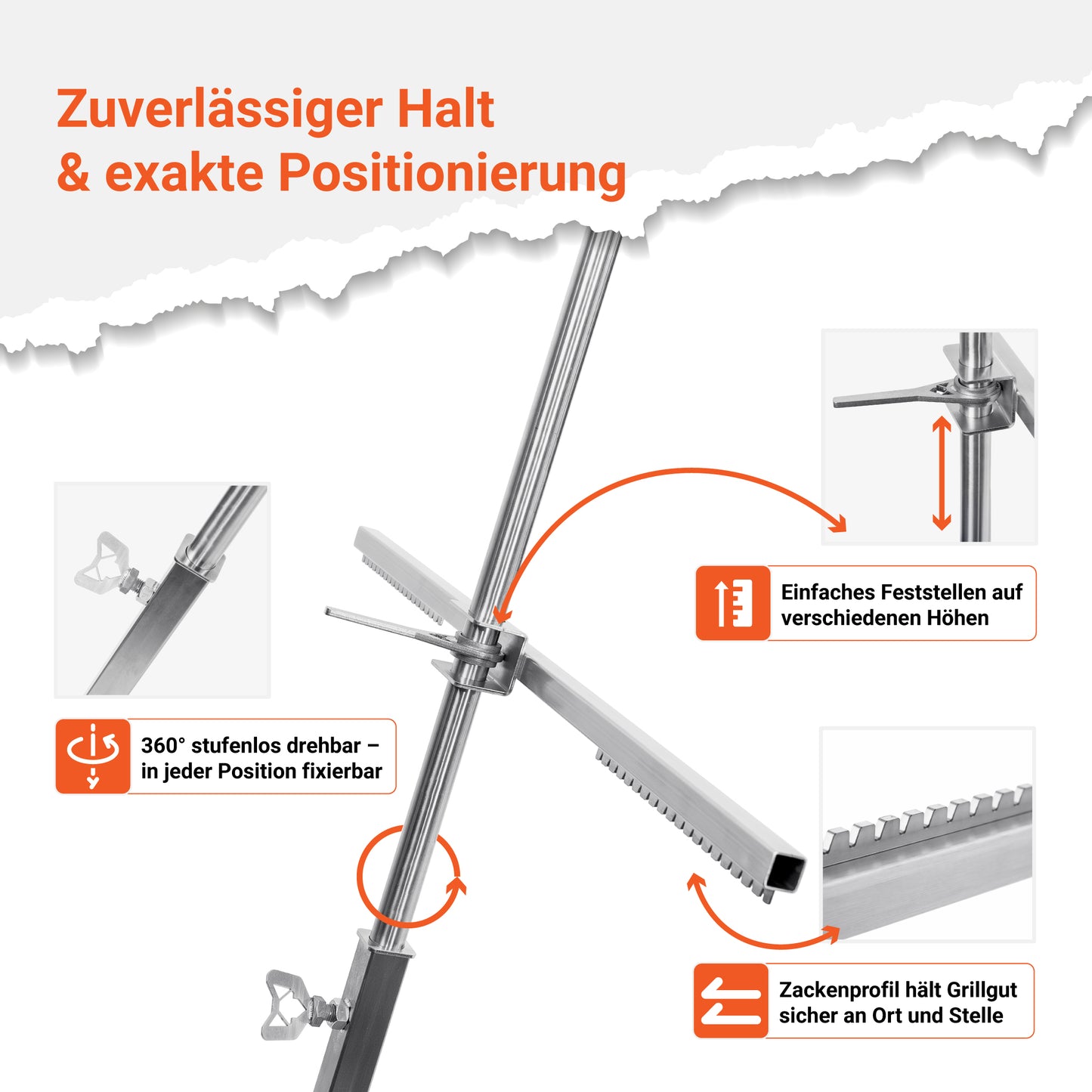 Das FENNEK Asado-Kreuz bietet einen zuverlässigen Halt des Grillguts. Die Position der Querträger lässt stufenlos um 360 Grad drehen. Das Zackenprofil an den Querstangen hält das Grillgut sicher an Ort und Stelle. Zusätzlich lässt sich auch die Höhe ganz einfach feststellen.