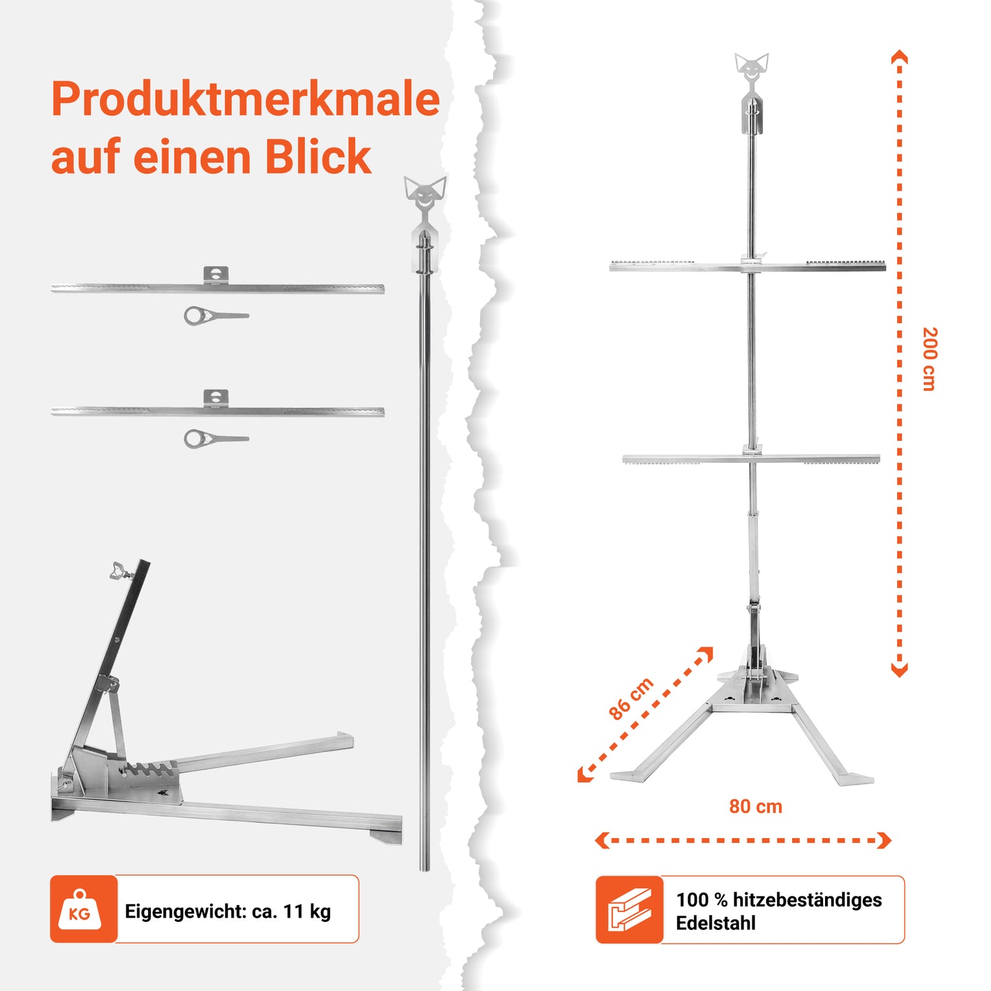 Das Bild zeigt die Produktmerkmale vom FENNEK Asado-Kreuz auf einen Blick. Abgebildet sind links die Einzelteile und rechts das aufgebaute Asado-Kreuz. Es besteht zu 100% aus hitzebeständigem Edelstahl und ist natürlich Made in Germany.