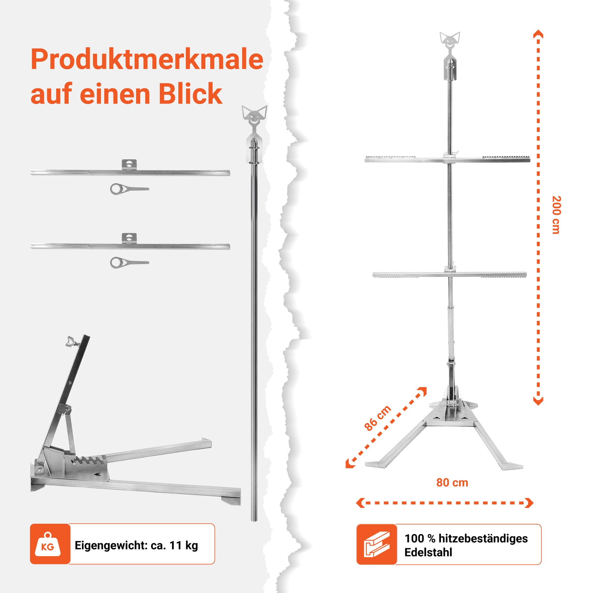 Das Bild zeigt die Produktmerkmale vom FENNEK Asado-Kreuz auf einen Blick. Abgebildet sind links die Einzelteile und rechts das aufgebaute Asado-Kreuz. Es besteht zu 100% aus hitzebeständigem Edelstahl und ist natürlich Made in Germany.