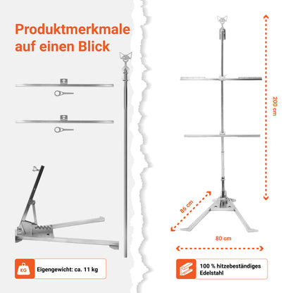 Das Bild zeigt die Produktmerkmale vom FENNEK Asado-Kreuz auf einen Blick. Abgebildet sind links die Einzelteile und rechts das aufgebaute Asado-Kreuz. Es besteht zu 100% aus hitzebeständigem Edelstahl und ist natürlich Made in Germany.