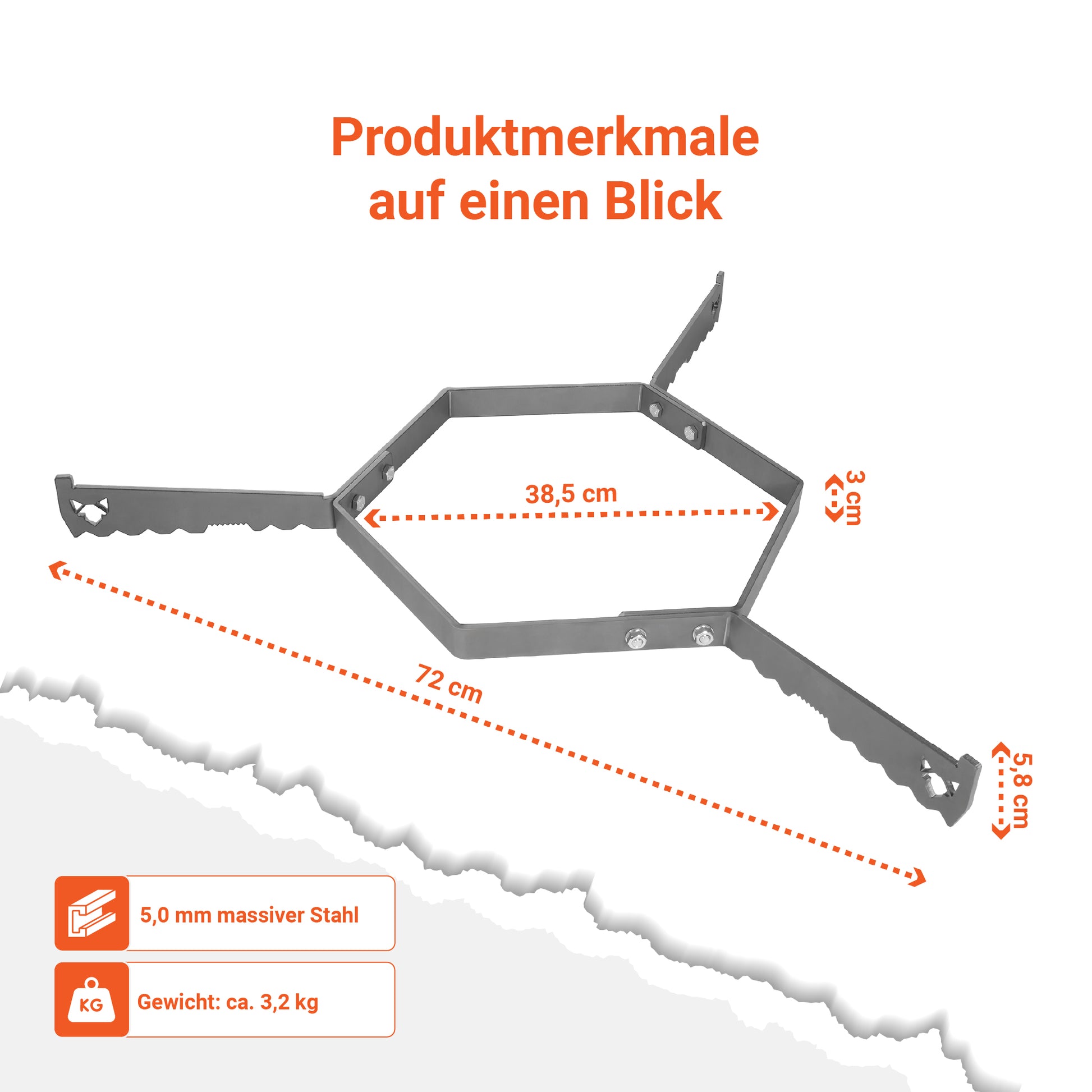 Bild zeigt die Produktmerkmale der FENNEK Auflageleiste für Feuerplatten Ø 80 cm auf einen Blick mit den entsprechenden Maßen auf einen Blick. Dank des 5 mm massivem Stahl ist sie sehr robust und hitzebeständig. 