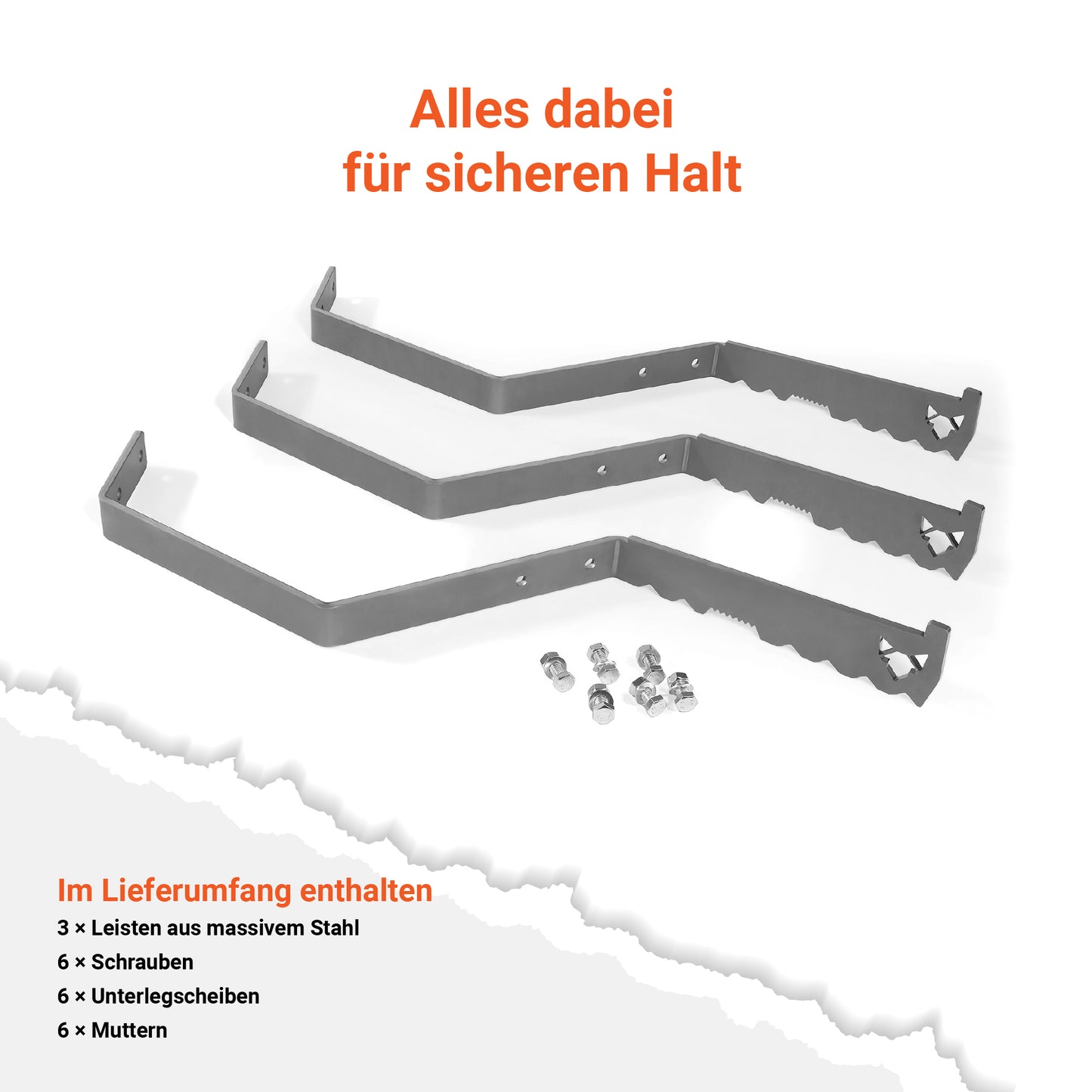 Bild zeigt die FENNEK Auflageleiste für Feuerplatten Ø 80 cm im demontiertem Zustand. Der Lieferumfang besteht aus drei Leisten, sechs Schrauben, sechs Muttern und sechs Unterlegscheiben.