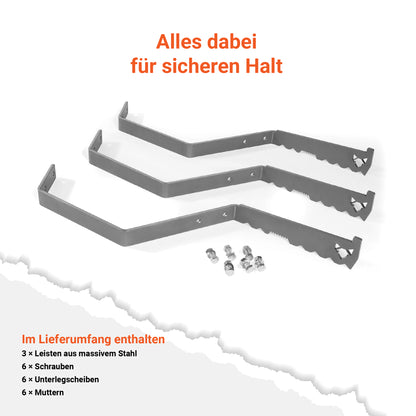 Bild zeigt die FENNEK Auflageleiste für Feuerplatten Ø 80 cm im demontiertem Zustand. Der Lieferumfang besteht aus drei Leisten, sechs Schrauben, sechs Muttern und sechs Unterlegscheiben.