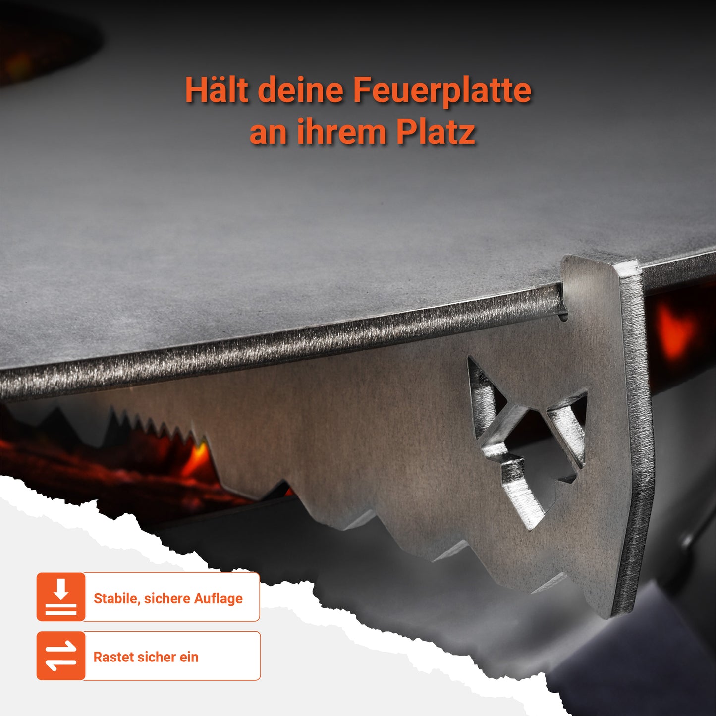 Detailaufnahme der FENNEK Auflageleiste für Feuerplatten zeigt , dass sie sicher auf dem Rand einrastet und dass die Feuerplatte vom Halter fixiert wird und dadurch nicht mehr verrutschen kann. Sie bietet der Feuerplatte selbst bei im extrem heißen Zustand jederzeit einen sicheren und festen Halt.