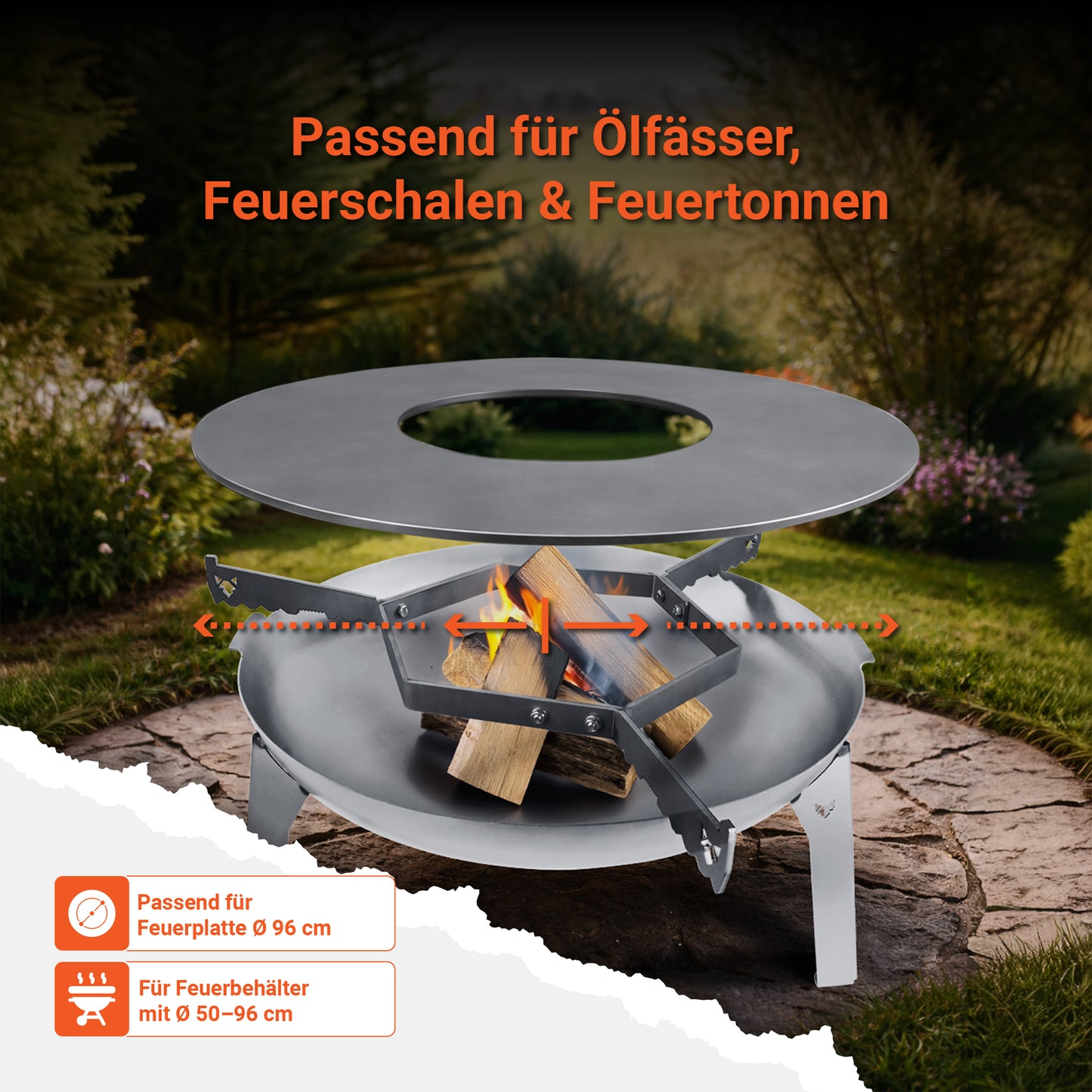Die FENNEK Feuerschale 3Pod aus Edelstahl steht in einem schönen Garten. Auf dem Rand der Feuerschale liegt die FENNEK Auflageleiste auf, welche passend für Feuerschalen, Ölfässer und Feuertonnen ist. Sie ist passend für Feuerplatten mit 96 cm Durchmesser