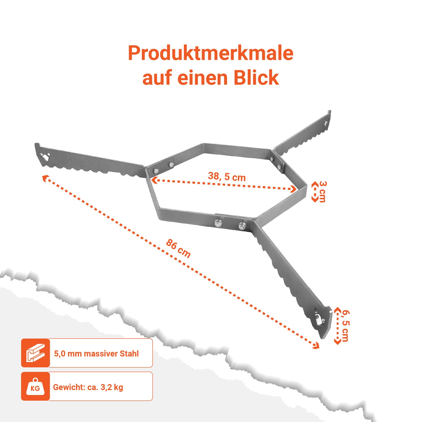Bild zeigt die Produktmerkmale der FENNEK Auflageleiste für Feuerplatten Ø 96 cm auf einen Blick mit den entsprechenden Maßen auf einen Blick. Dank des 5 mm massivem Stahl ist sie sehr robust und hitzebeständig. 