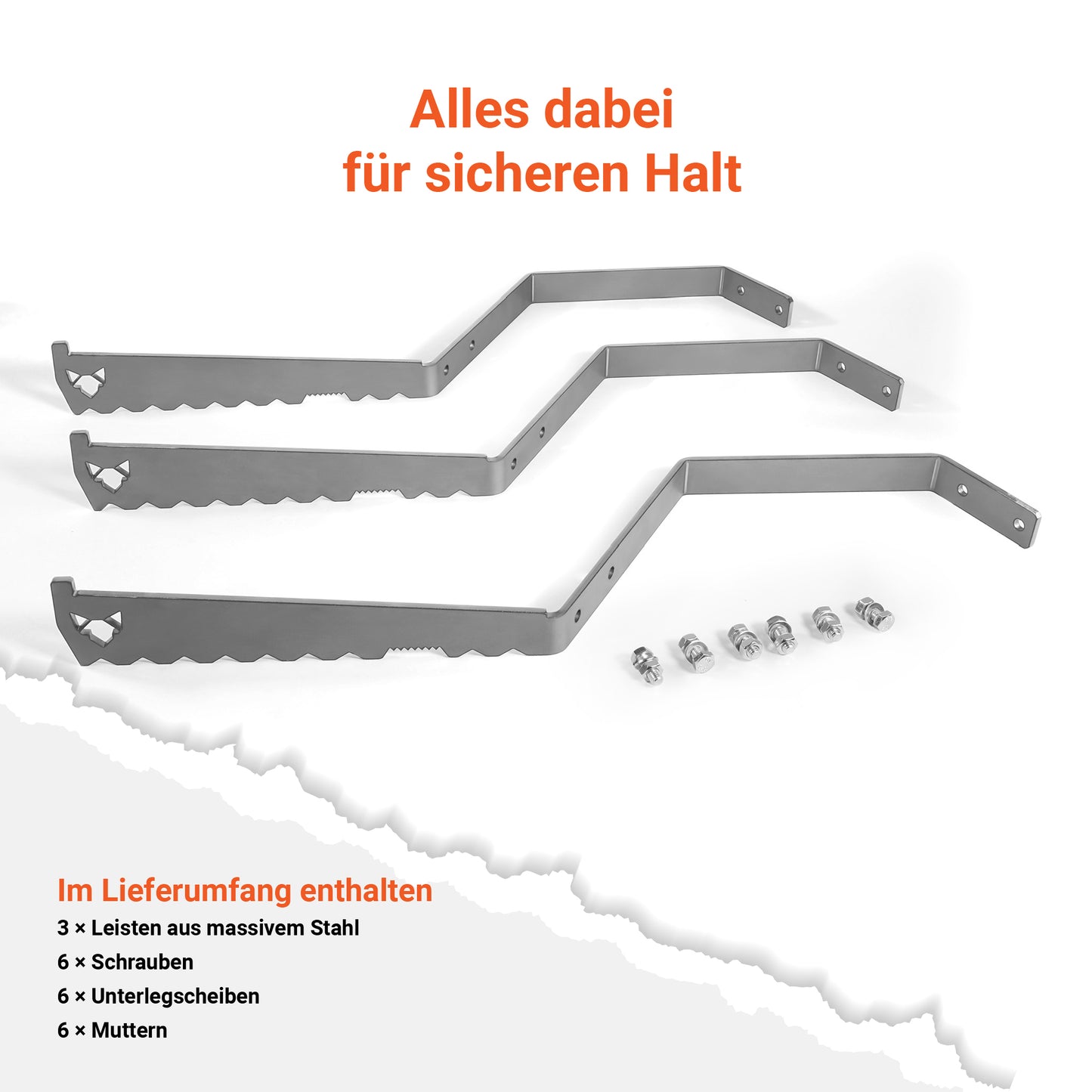 Bild zeigt die FENNEK Auflageleiste für Feuerplatten Ø 96 cm im demontiertem Zustand. Der Lieferumfang besteht aus drei Leisten, sechs Schrauben, sechs Muttern und sechs Unterlegscheiben.