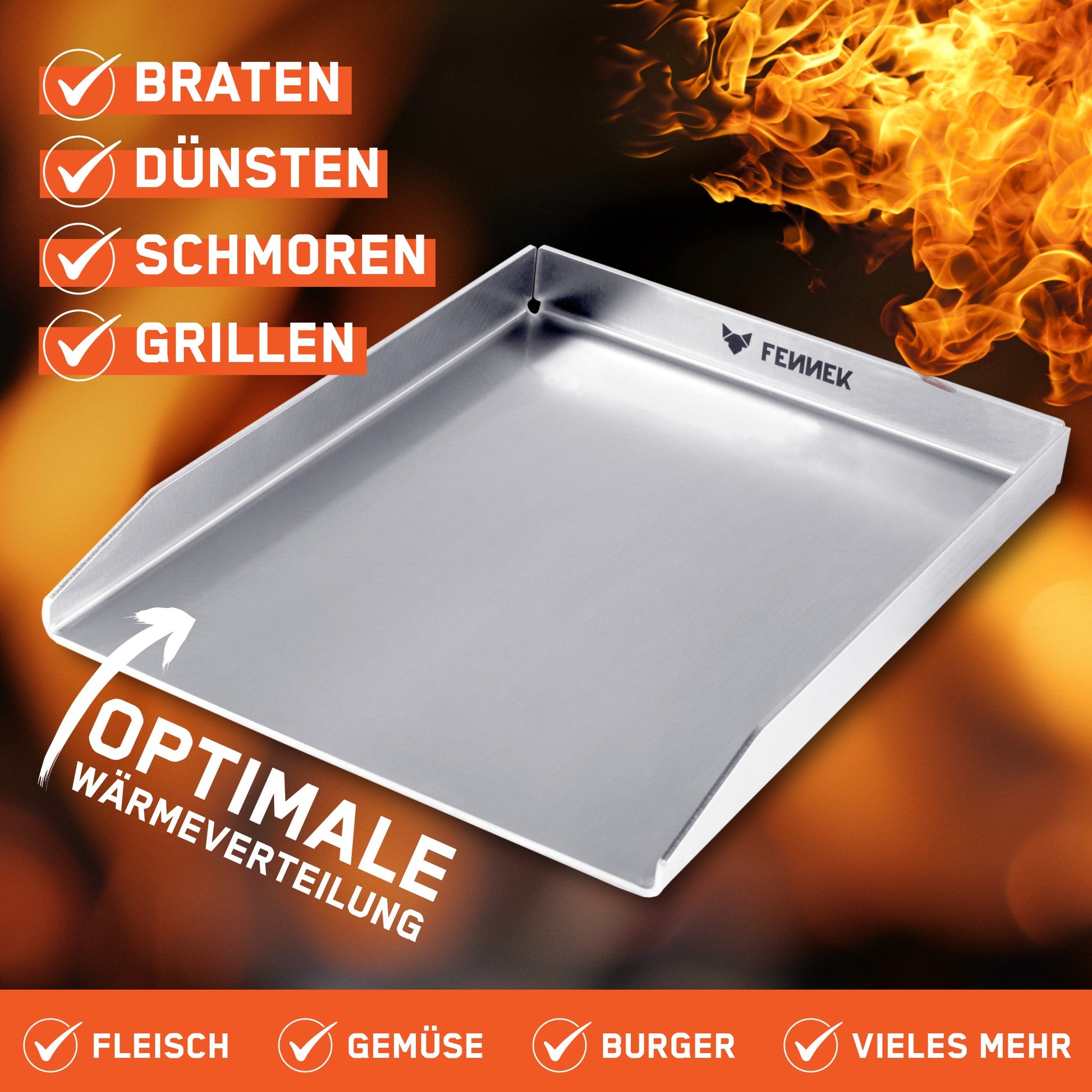Bild zeigt die FENNEK Plancha 40 x 30 cm ohne Vorderkante. Sie ist geeignet zum Braten, Dünsten, Schmoren und Grillen. Durch ihre optimale Wärmeverteilung ist sie geeignet für Fleisch, Gemüse, Burger und vieles mehr. Hergestellt in Deutschland überzeugt sie von Qualität.