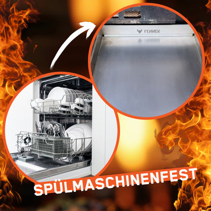 Bild zeigt, dass die FENNEK Plancha 40 x 30 cm ohne Vorderkante auch spülmaschinenfest ist. Nach Entfernung grober Grillreste kann man sie einfach in die Spülmaschine stellen.