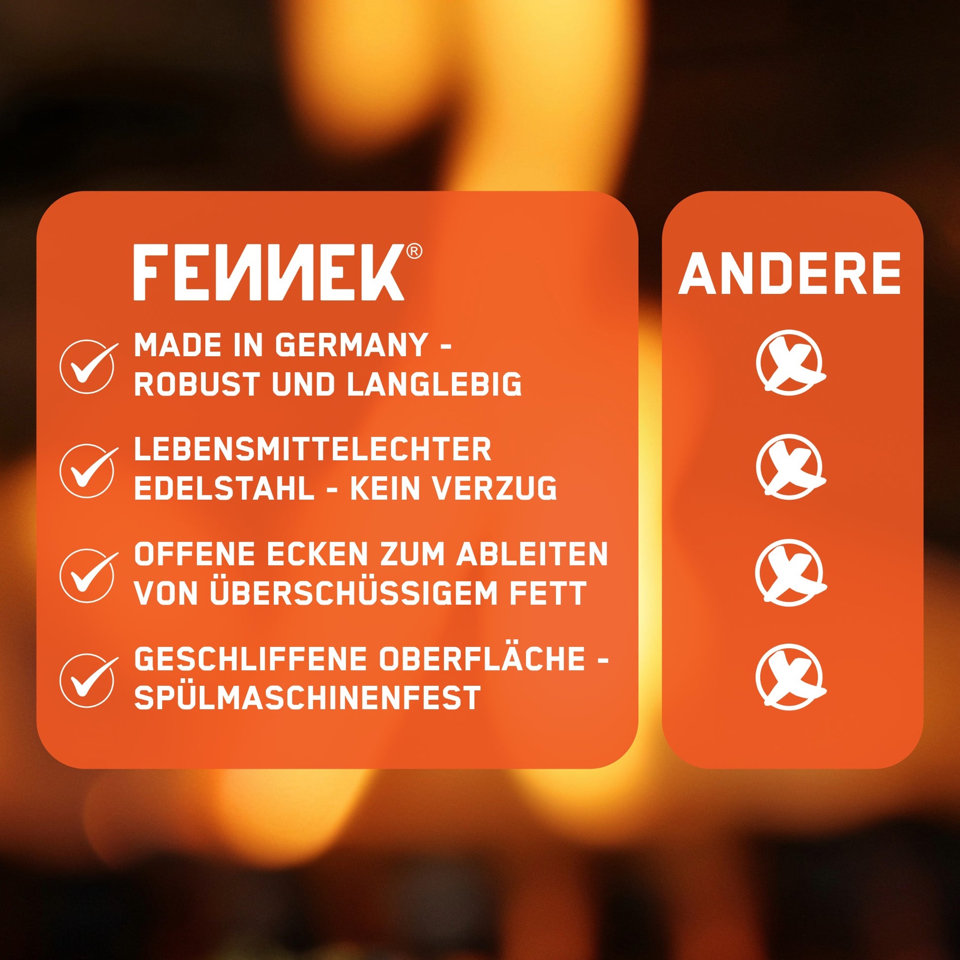 Bild zeigt die wichtigsten Merkmale der  FENNEK Plancha 40 x 30 cm ohne Vorderkante auf einen Blick im Vergleich zur Konkurrenz. Sie ist Made in Germany, langlebig und robust. Der lebensmittelechte Edelstahl verzieht sich auch nicht bei hoher Hitze. Die offenen Ecken machen das Ableiten von überschüssigem Fett zum Kinderspiel. Zuletzt ist die Plancha dank der geschliffenen Oberfläche spülmaschinenfest und erspart lästiges Saubermachen.