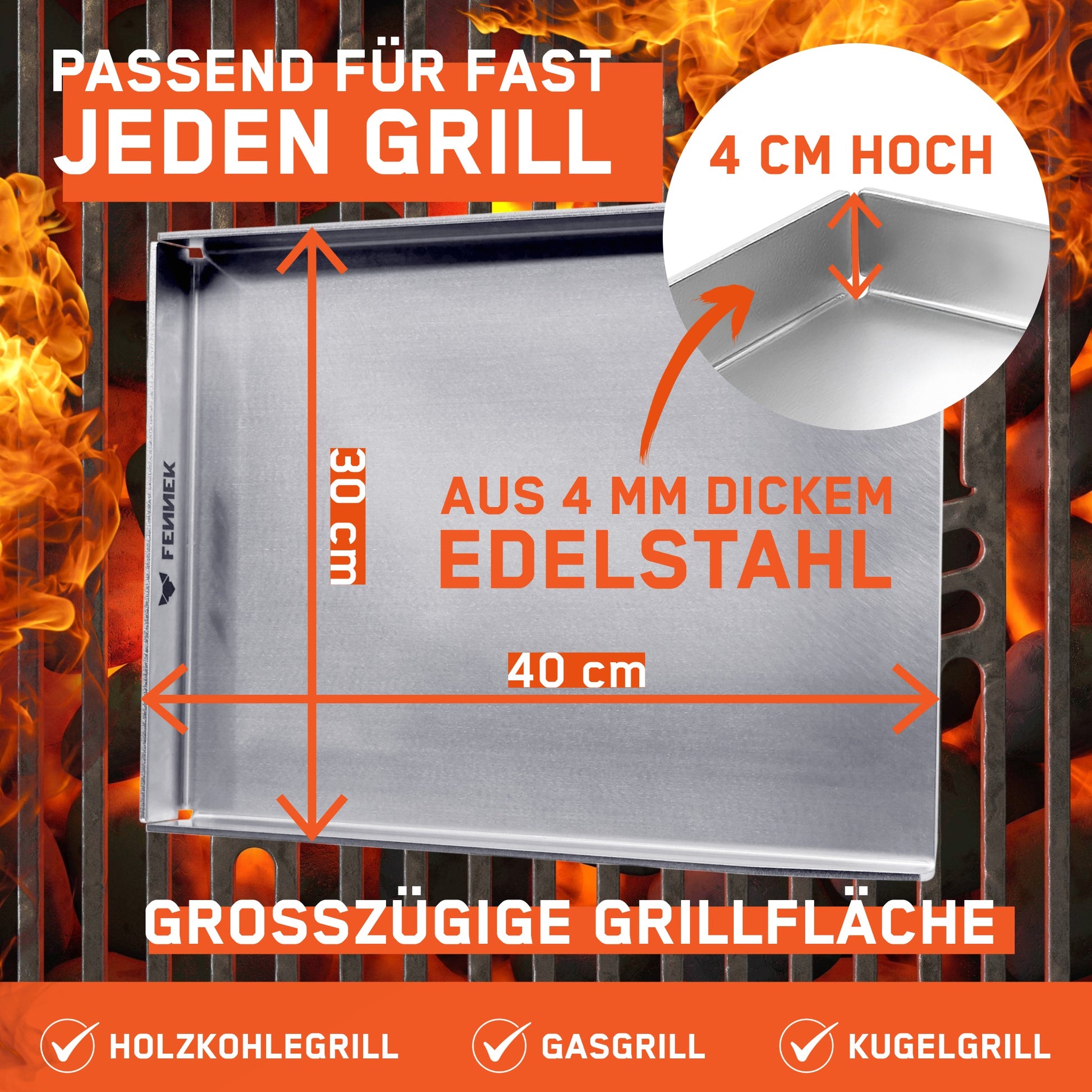 Die FENNEK Plancha 40 x 30 cm ohne Vorderkante ist passend für fast jeden Grill und besteht aus 4 mm dicken Edelstahl. Geeignet ist sie für Holzkohlegrills, Gasgrills und für Kugelgrills.