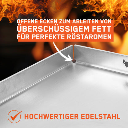 Bild zeigt eine Detailaufnahme der  FENNEK Plancha 40 x 30 cm ohne Vorderkante. Der Fokus liegt dabei auf den offenen Ecken, die perfekt zum Ableiten von überschüssigem Fett sind - perfekt für Röstaromen. Die Plancha besteht zu 100% aus hochwertigem und lebensmittelechtem Edelstahl.