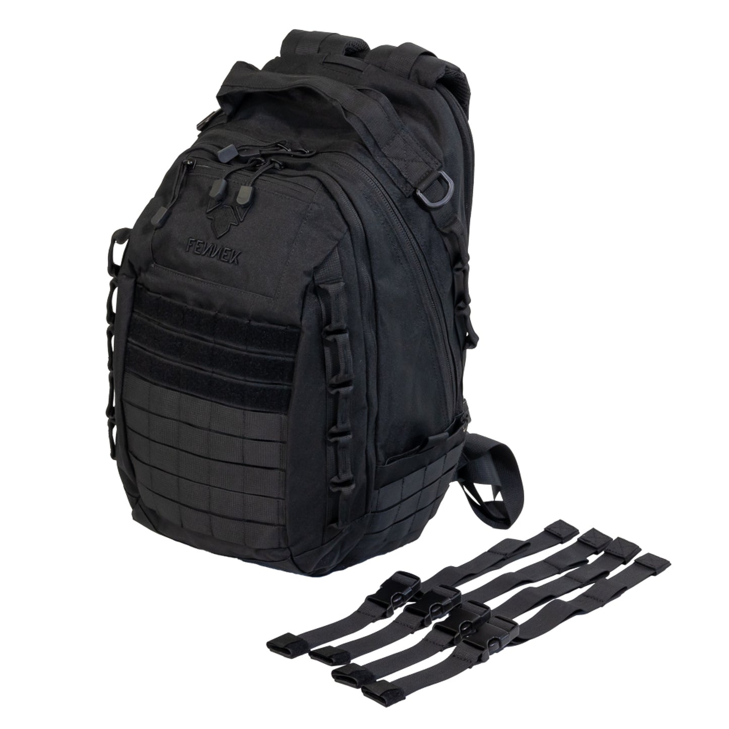 Freisteller vom Backpack One2explore vor weißem Hintergrund. Daneben liegen die 4 zugehörigen Kompressionsgurte.