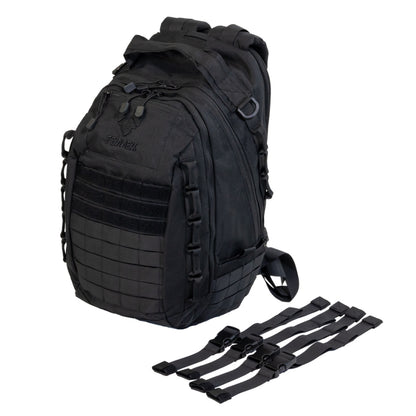 Freisteller vom Backpack One2explore vor weißem Hintergrund. Daneben liegen die 4 zugehörigen Kompressionsgurte.