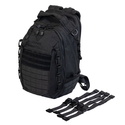 Freisteller vom Backpack One2explore vor weißem Hintergrund. Daneben liegen die 4 zugehörigen Kompressionsgurte.