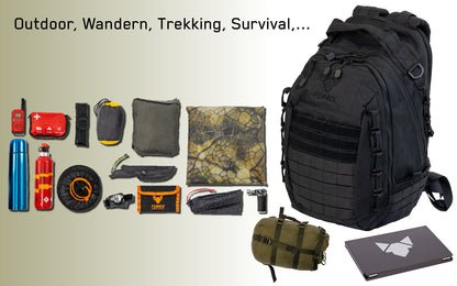 Symbolbilder der Gebrauchsgegenstände die in den Backpack One2explore passen, der neben den Bildern abgebildet ist. Die Symbolbilder bilden Outdoor, Wandern, Trekking und Survival ab.