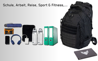 Symbolbilder der Gebrauchsgegenstände die in den Backpack One2explore passen, der neben den Bildern abgebildet ist. Die Symbolbilder bilden Schule, Arbeit, Reisen, Sport & Fitness ab.