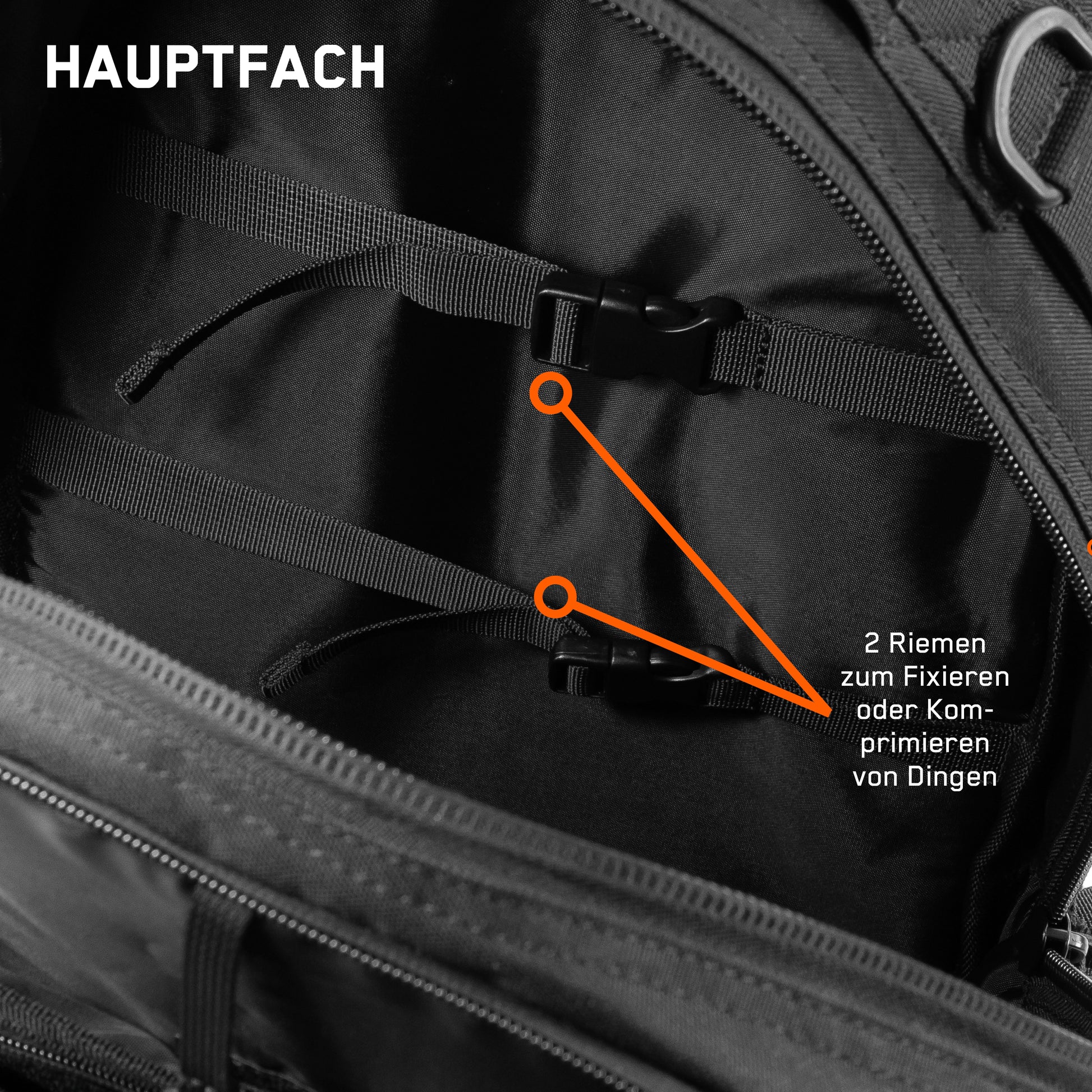 Detaillierte Beschreibung der Befestigungssysteme im Inneren mit Bebilderung des Backpack One2explore.