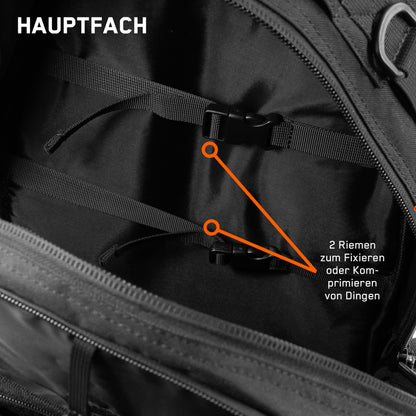 Detaillierte Beschreibung der Befestigungssysteme im Inneren mit Bebilderung des Backpack One2explore.