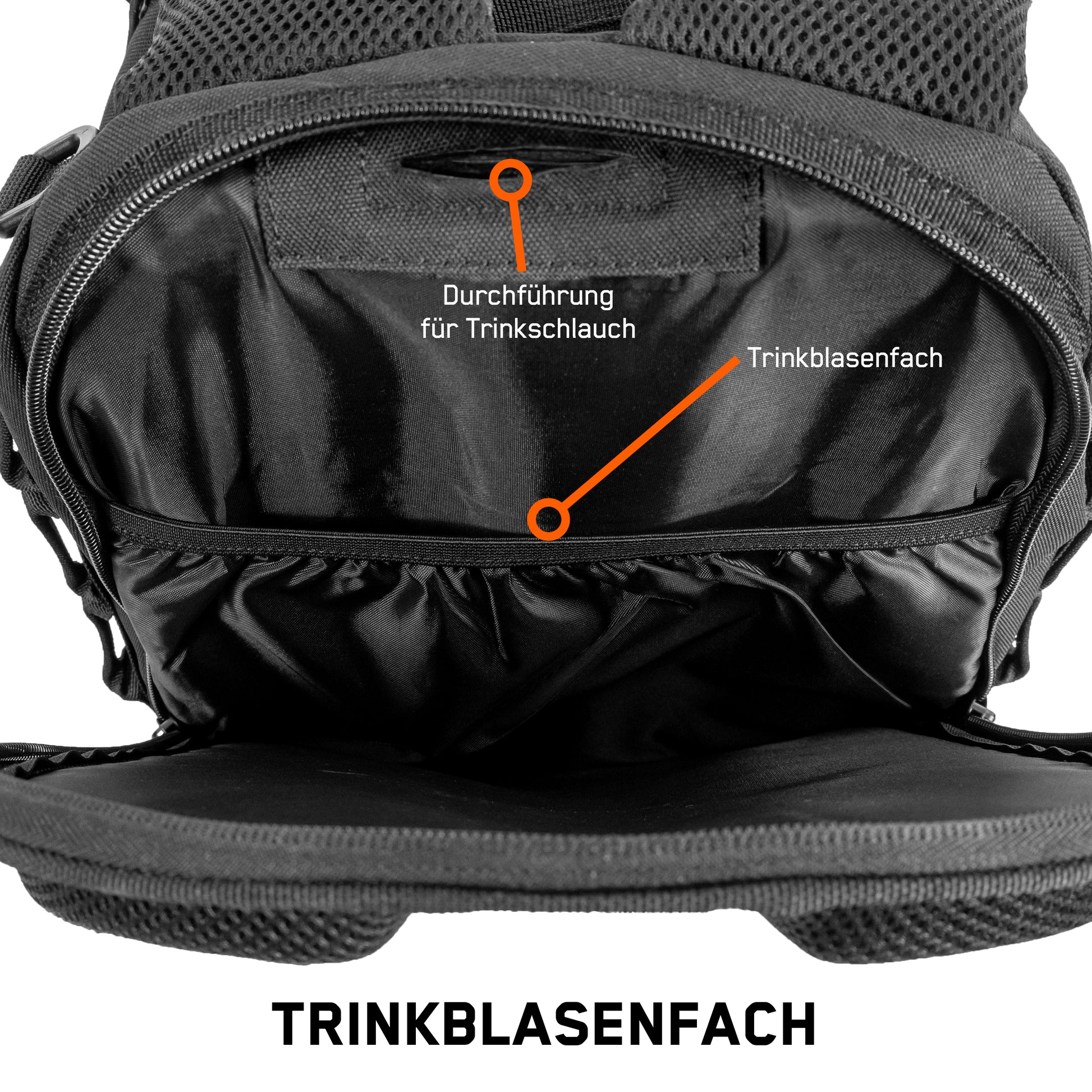 Detaillierte Beschreibung der Befestigungssysteme im Inneren mit Bebilderung des Backpack One2explore.