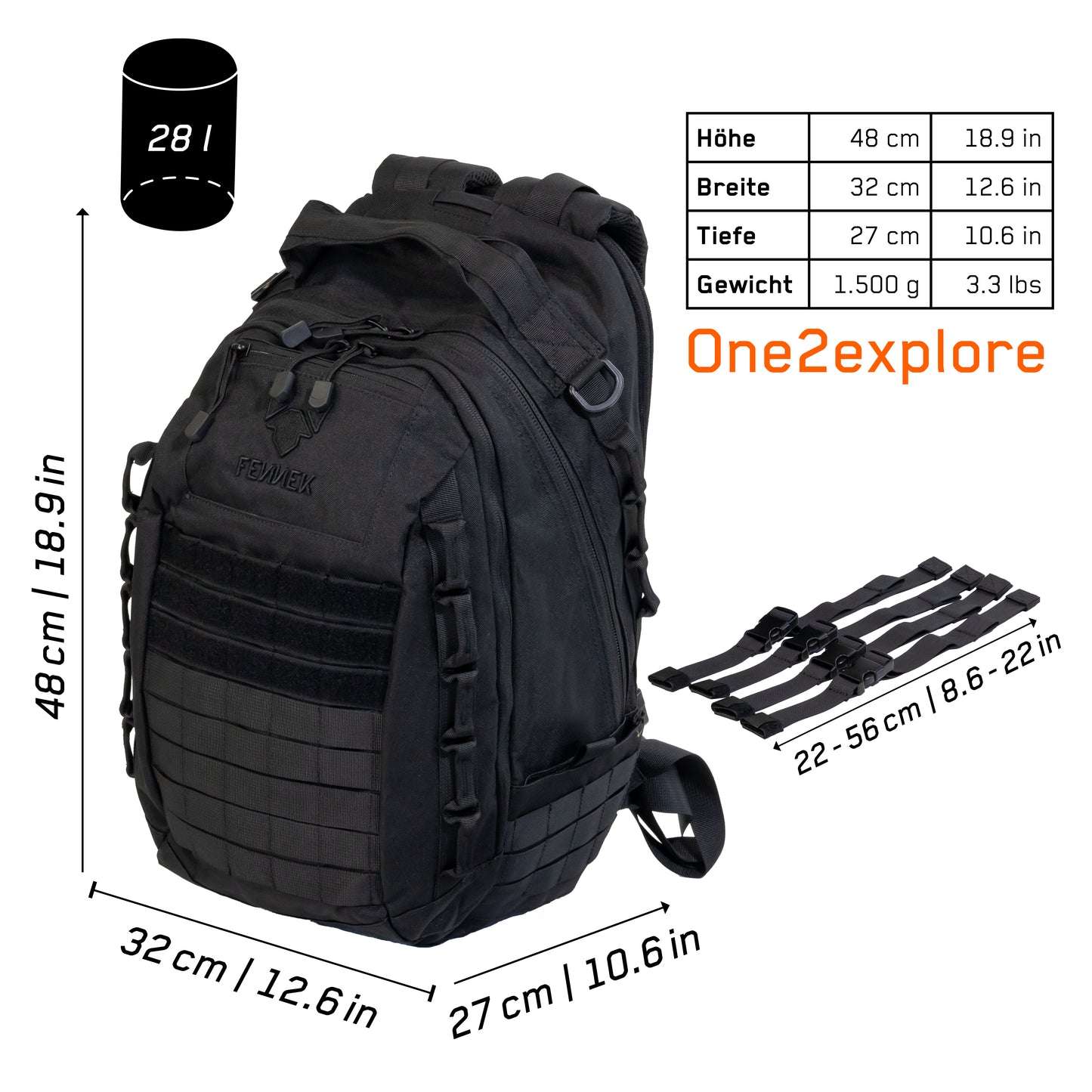 Freisteller Backpack One2explore mit den angegebenen Maßen der Höhe, Breite, Tiefe und Gewicht. Daneben auch die Längenmaße der vier dazugehörigen Kompressionsgurte.