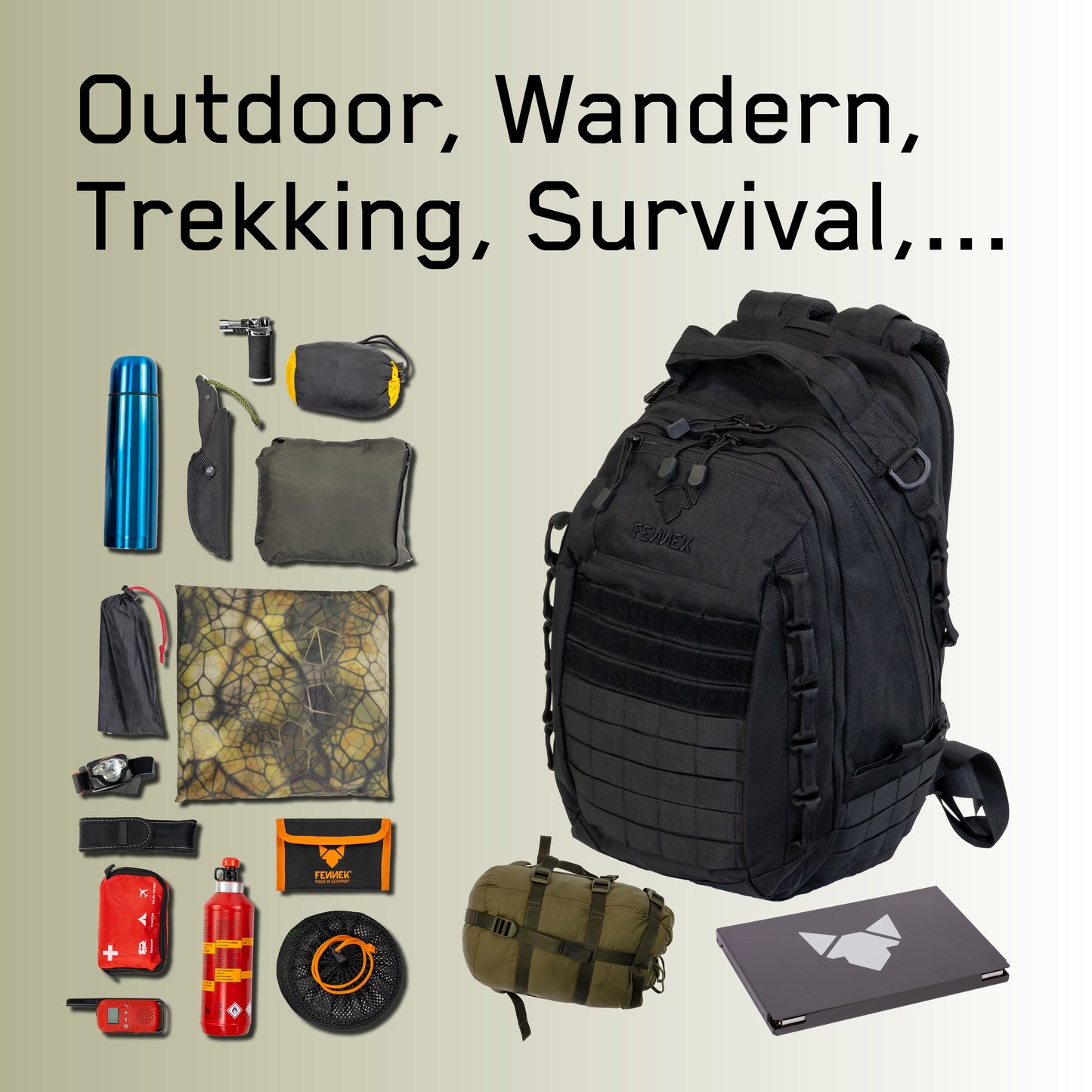 Symbolbilder der Gebrauchsgegenstände die in den Backpack One2explore passen, der neben den Bildern abgebildet ist. Die Symbolbilder bilden Outdoor, Wandern, Trekking und Survival ab.