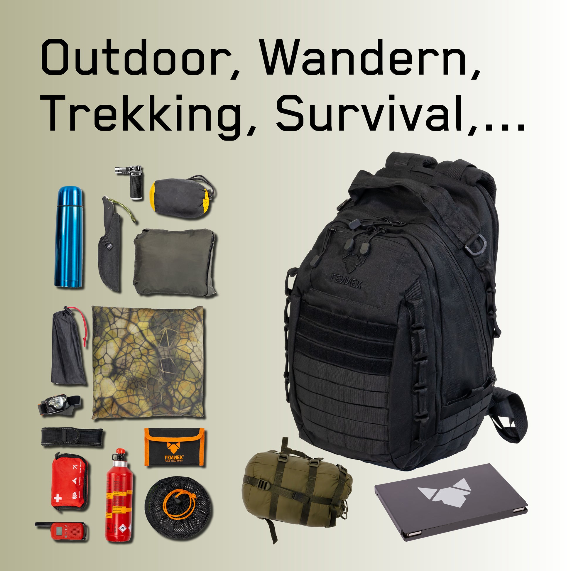 Symbolbilder der Gebrauchsgegenstände die in den Backpack One2explore passen, der neben den Bildern abgebildet ist. Die Symbolbilder bilden Outdoor, Wandern, Trekking und Survival ab.