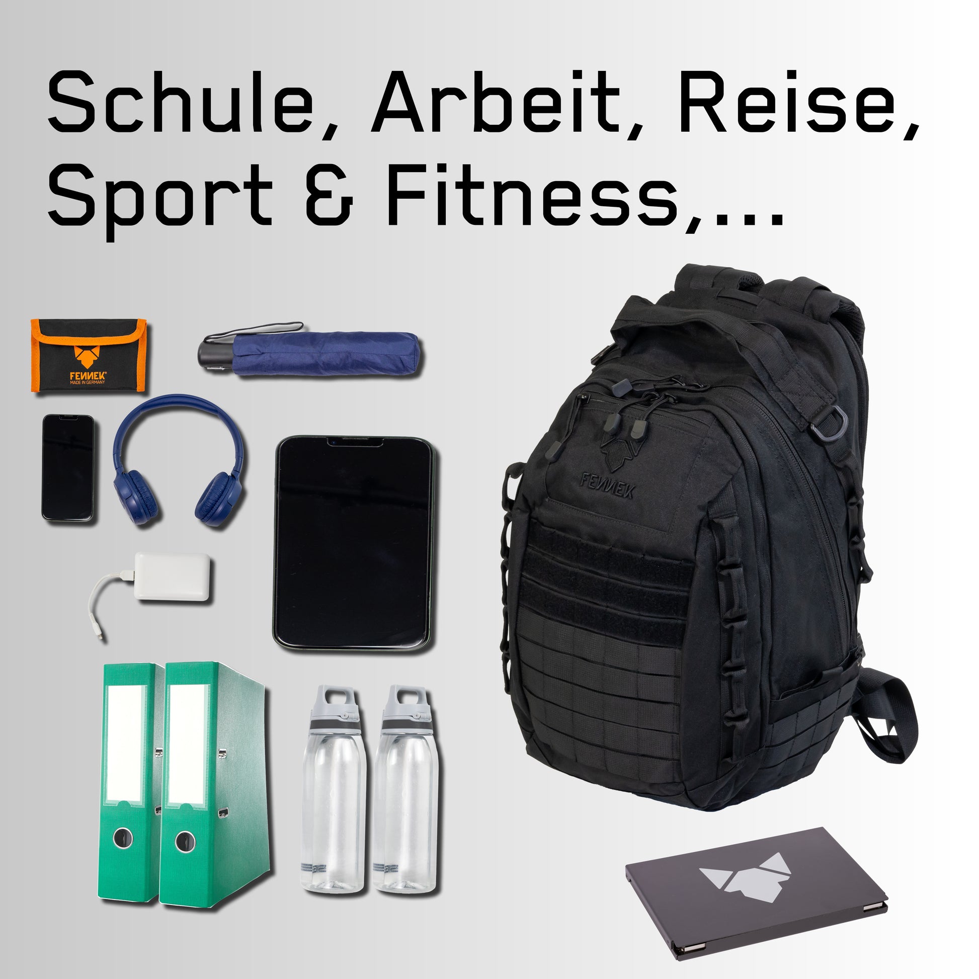 Symbolbilder der Gebrauchsgegenstände die in den Backpack One2explore passen, der neben den Bildern abgebildet ist. Die Symbolbilder bilden Schule, Arbeit, Reisen, Sport & Fitness ab.