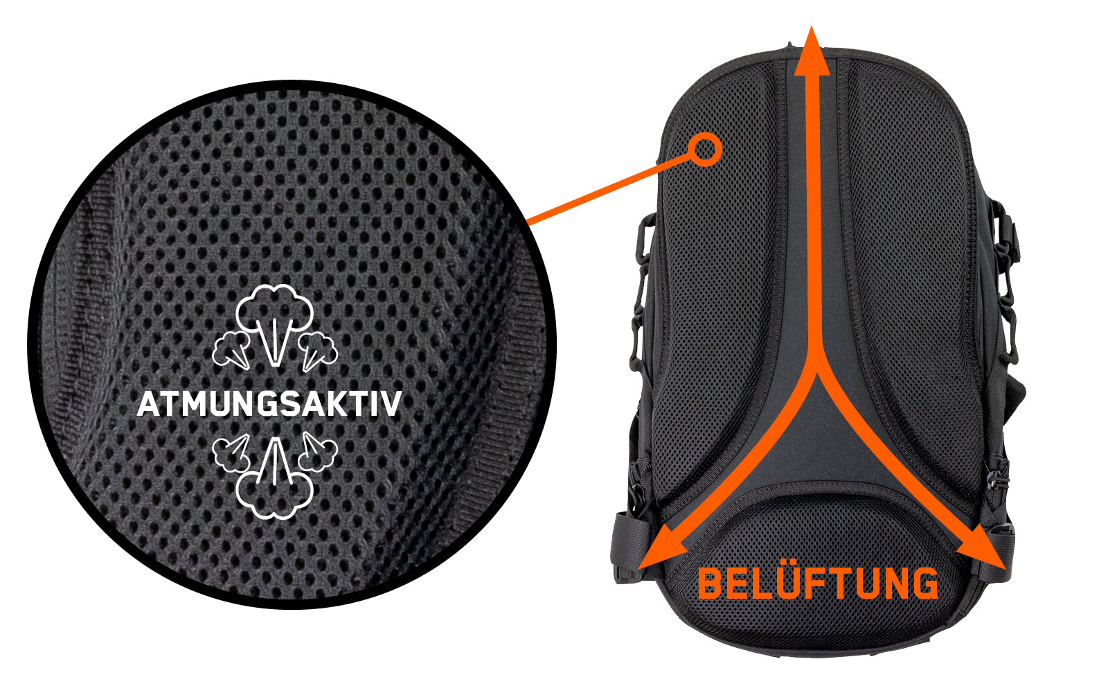 Detailbild von der Rückseite vom Backpack One2explore, welches zeigt, dass die Rückenpolsterung atmungsaktiv ist.