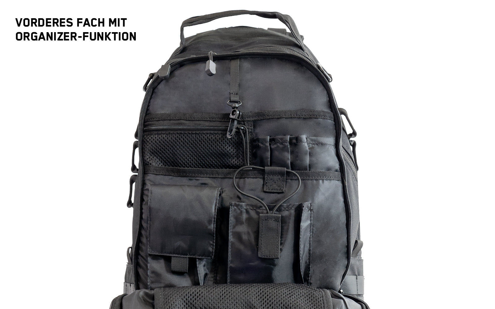 Freisteller vom Backpack One2explore, welches die Innenseite vom vorderen Fach mit Organizer Funktion zeigt.