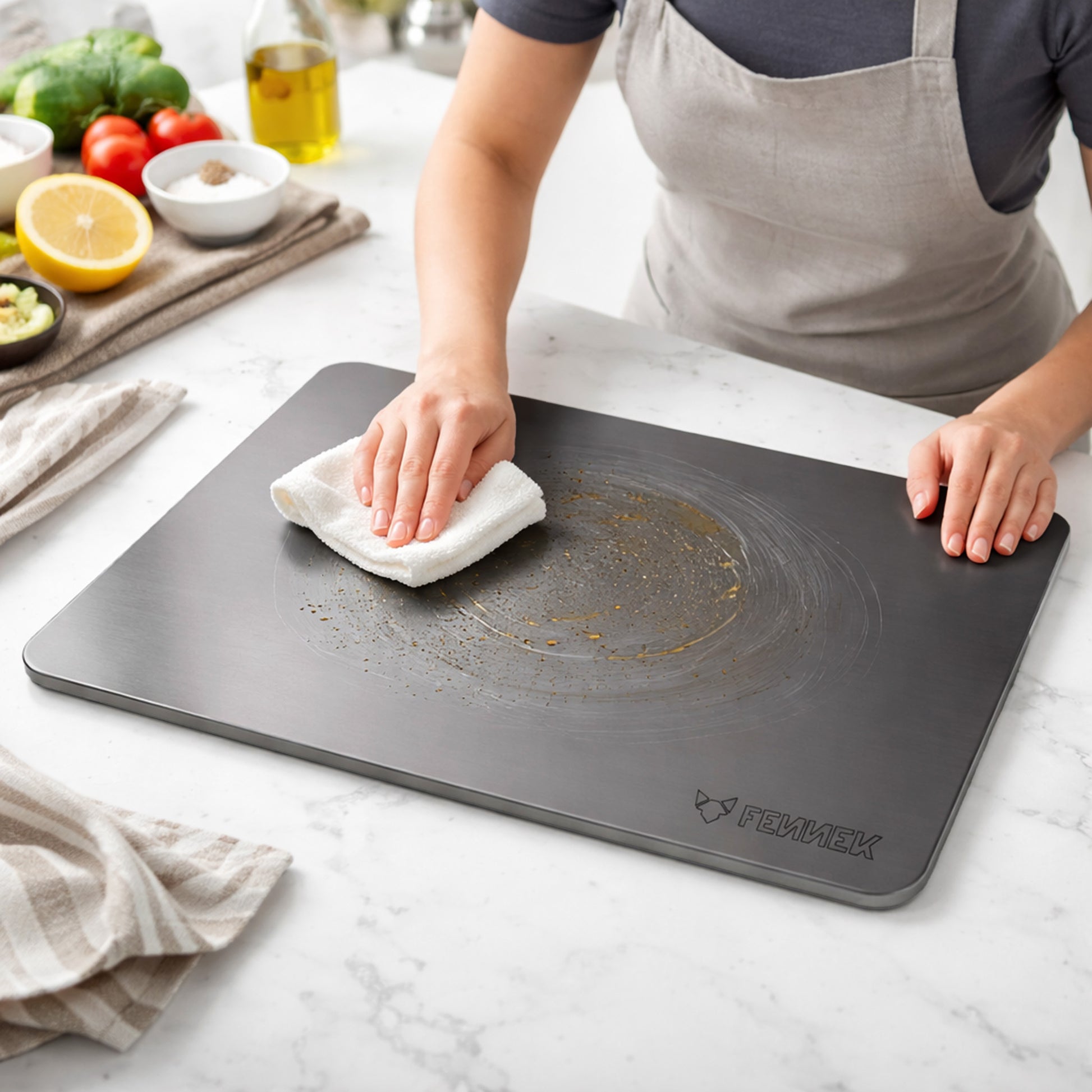 Für die optimale Vorbereitung bei der ersten Anwendung sollte der FENNEK Backstahl mit etwas Öl dünn eingerieben werden und anschließend ein bis zwei Stunden im Backofen vorgeheizt werden.