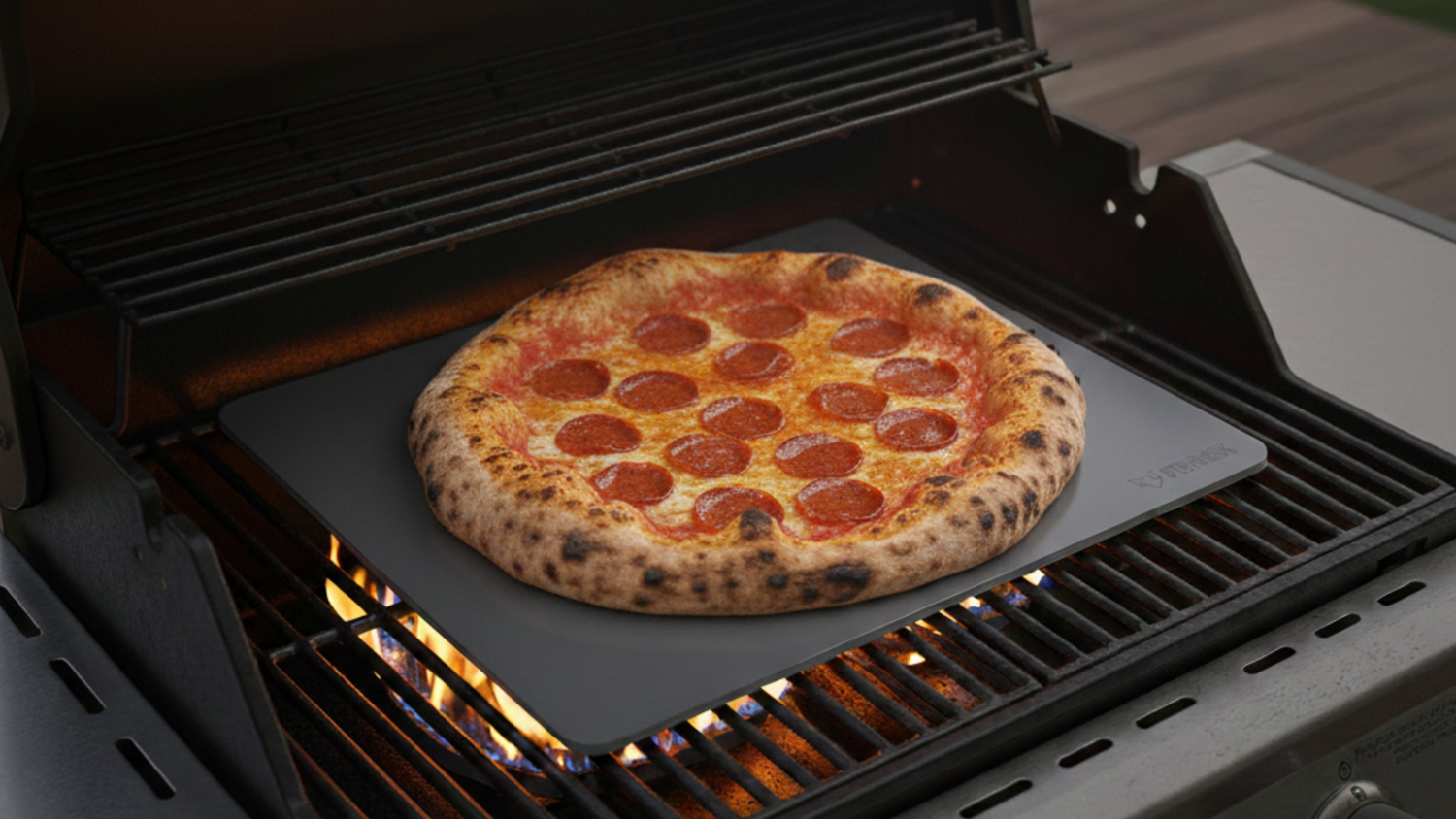 Eine köstlich aussehende Pizza Salami wird gerade auf einem FENNEK Backstahl in einem Gasgrill gebacken. 