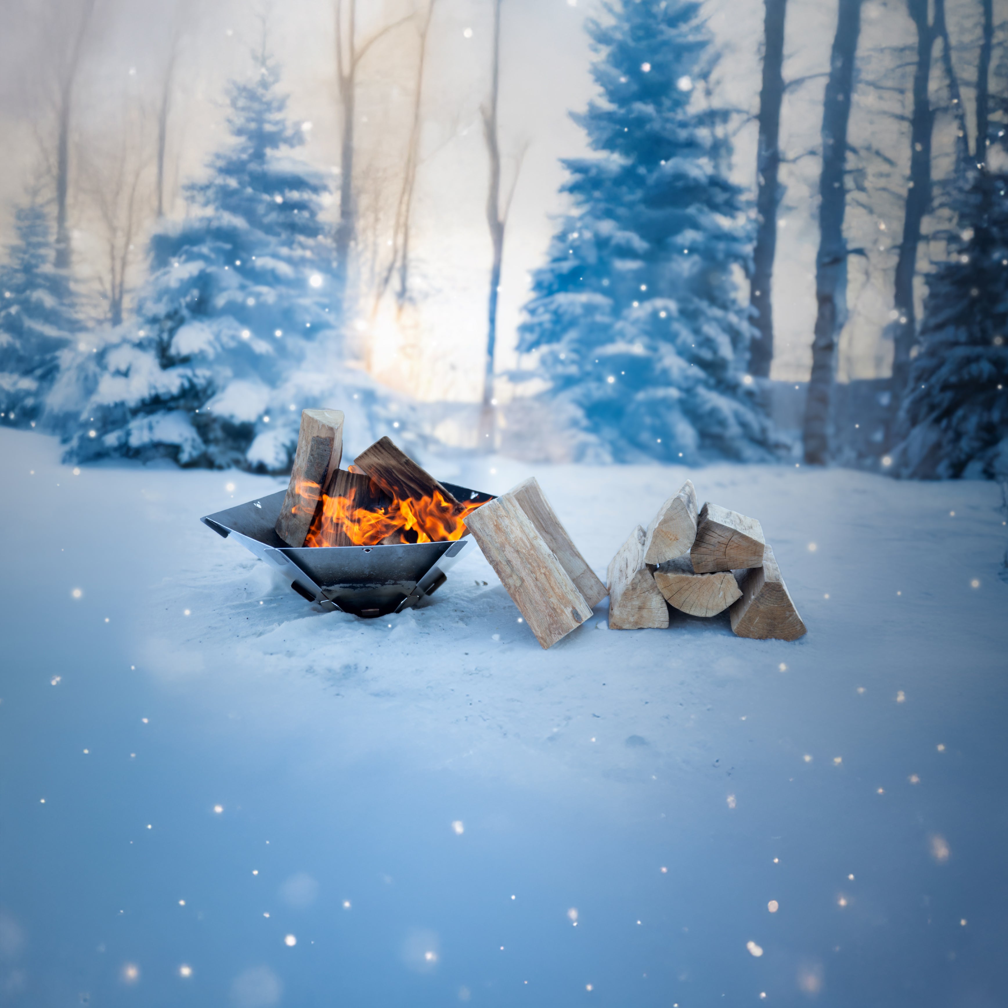 Titelbild Startseite zeigt eine winterliche Landschaft mit Feuerschale Hexagon. Darin brennt ein warmes Feuer und rechts neben der Feurschale liegt Brennholz.