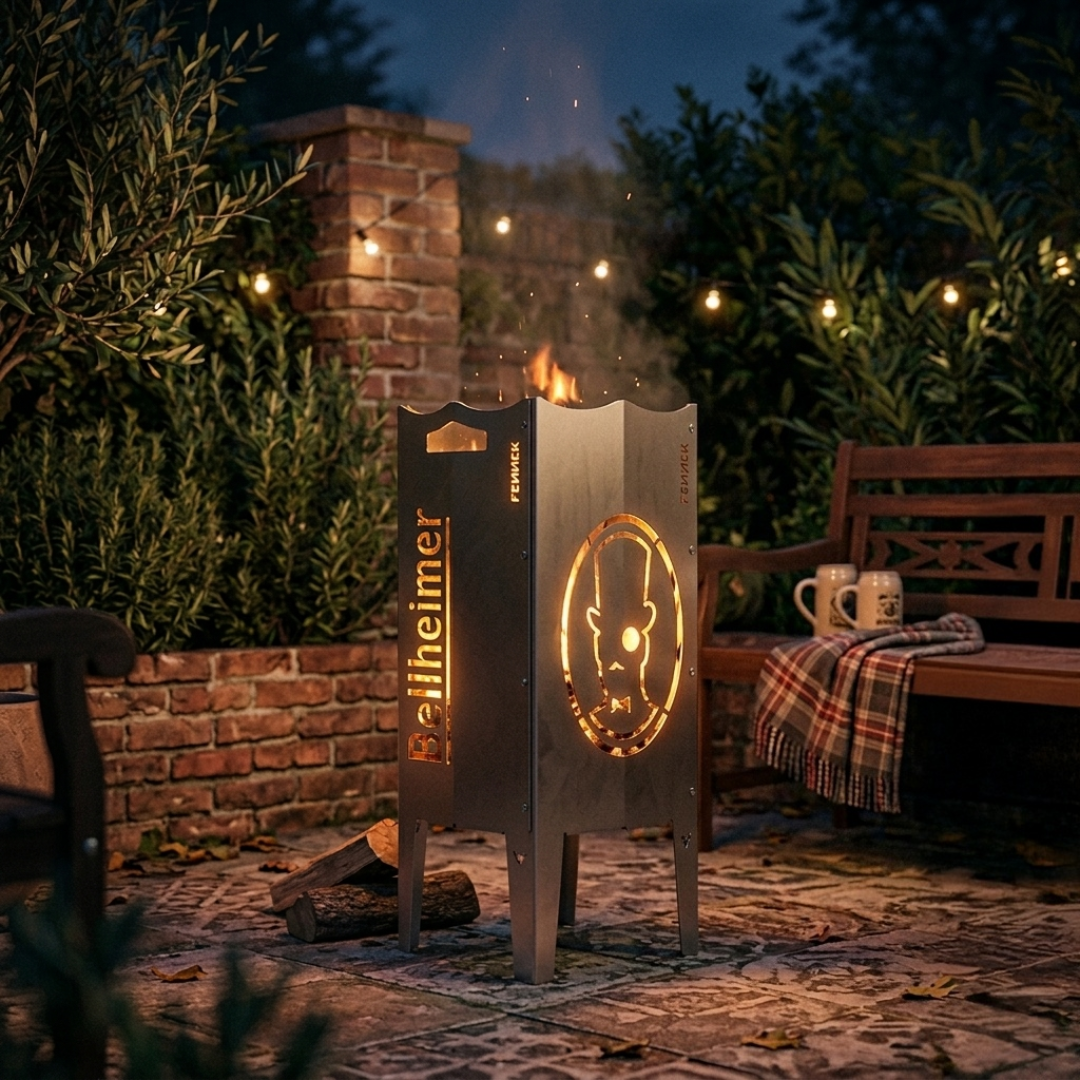 Szenebild zeigt die FENNEK Feuersäule Bellheimer befeuert in einem Garten bei abendlichem Licht.  Das warme Licht der Säule sorgt für eine gemütliche Atmosphäre. Sie ist perfekt für alle Fans, Sammler und Bierliebhaber. Das unverwechselbare Bellheimer Logo ist präzise ausgeschnitten und sorgt befeuert für ein unverwechselbares Erlebnis.