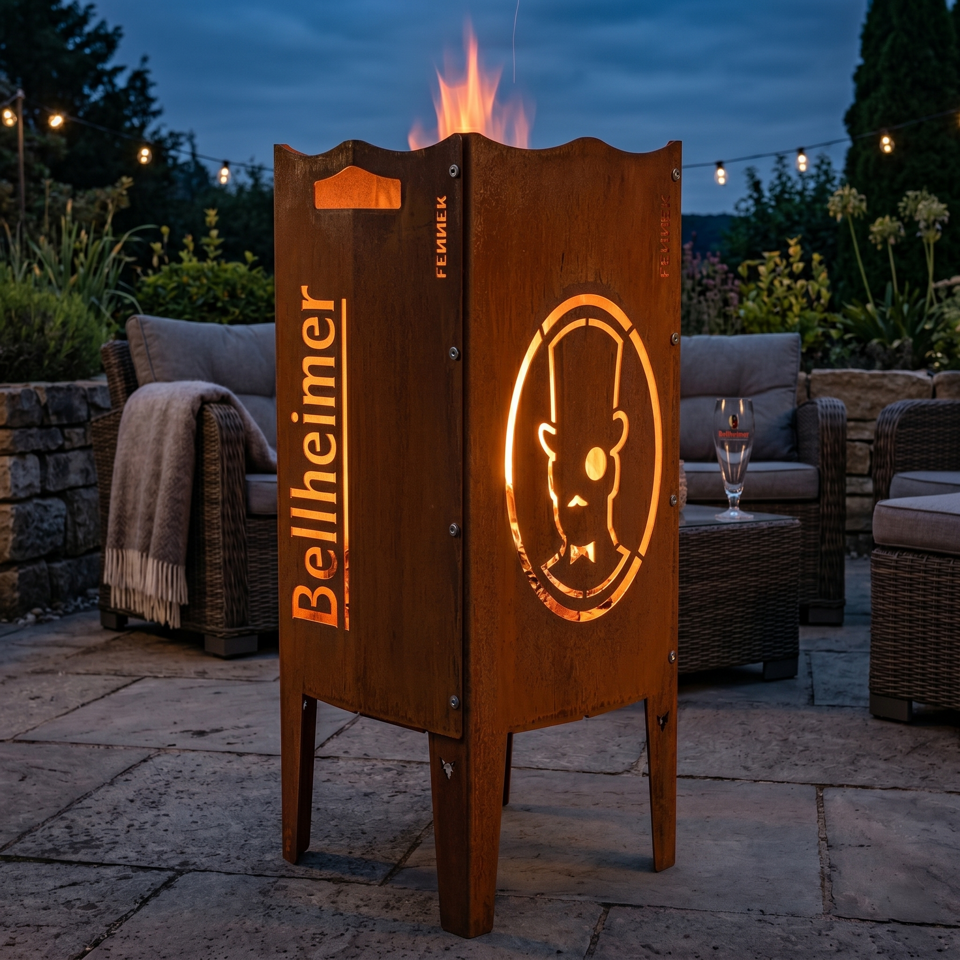 Die FENNEK Feuersäule Bellheimer steht auf der Terrasse. Die Säule aus Stahl hat eine schöne Rostoptik und eignet sich somit perfekt als rustikaler Eyecatcher und Dekoelement. 