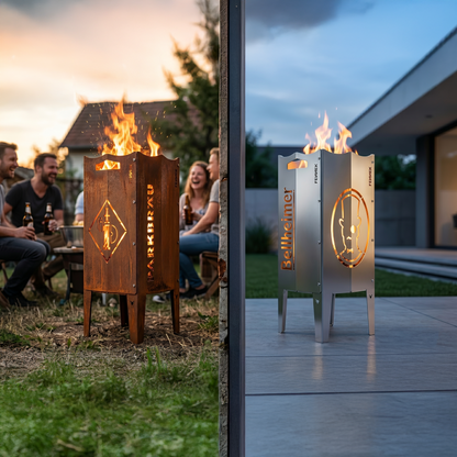 Das Bild zeigt eine Gegenüberstellung der FENNEK Bellheimer Säule. Links ist aus Stahl gefertigt und hat eine schöne Rostoptik, die perfekt für ein rustikales Flair ist. Rechst daneben steht die Säule aus Edelstahl auf einer Terrasse. Sie ist klar, modern und elegant. Beide Varianten sind ein echter Eyecatcher für deinen Garten.